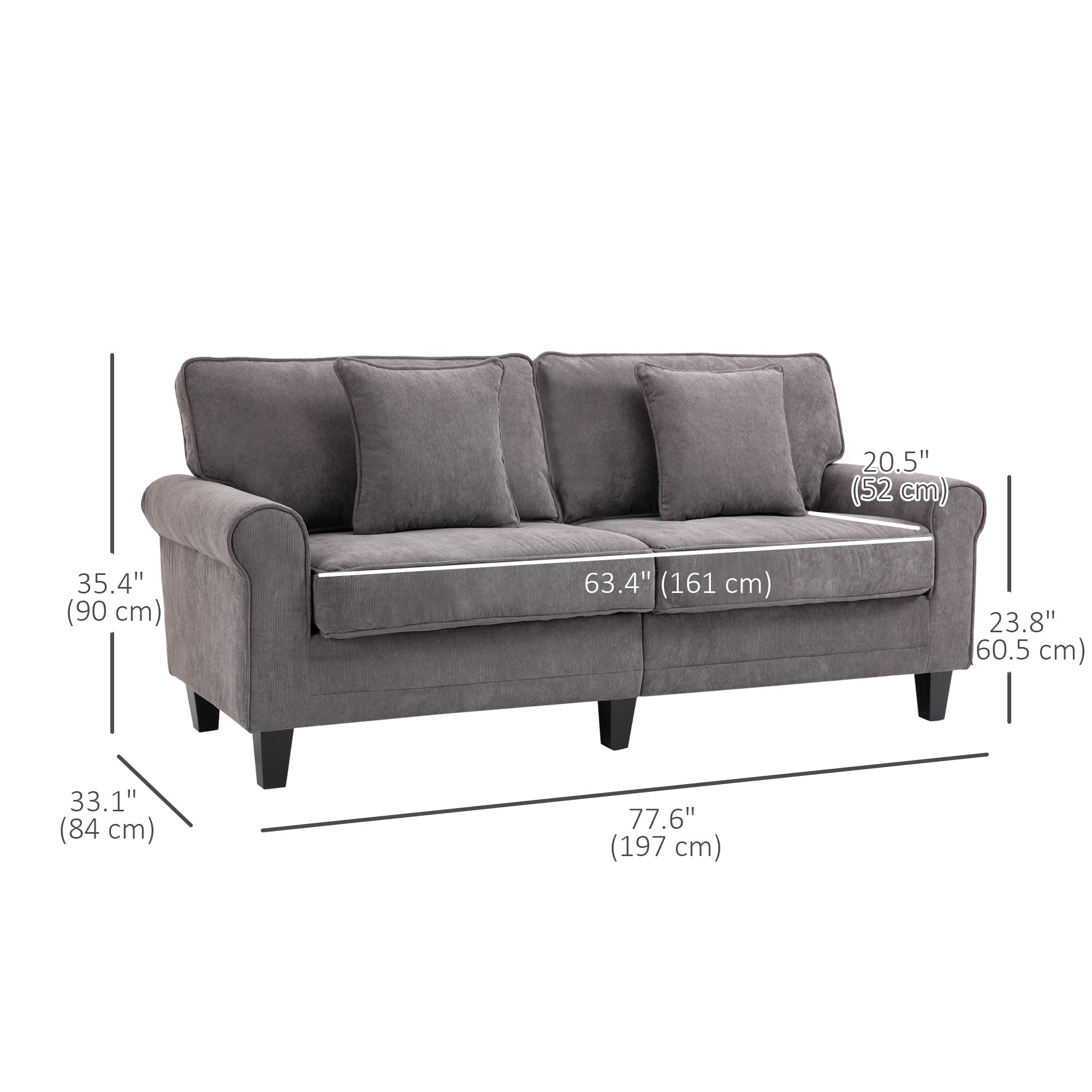 HOMCOM Modern 3-Seater Sofa, Corduroy Fabric Couch with Pine Wood Legs, Rolled Arms for Living Room, Light Grey