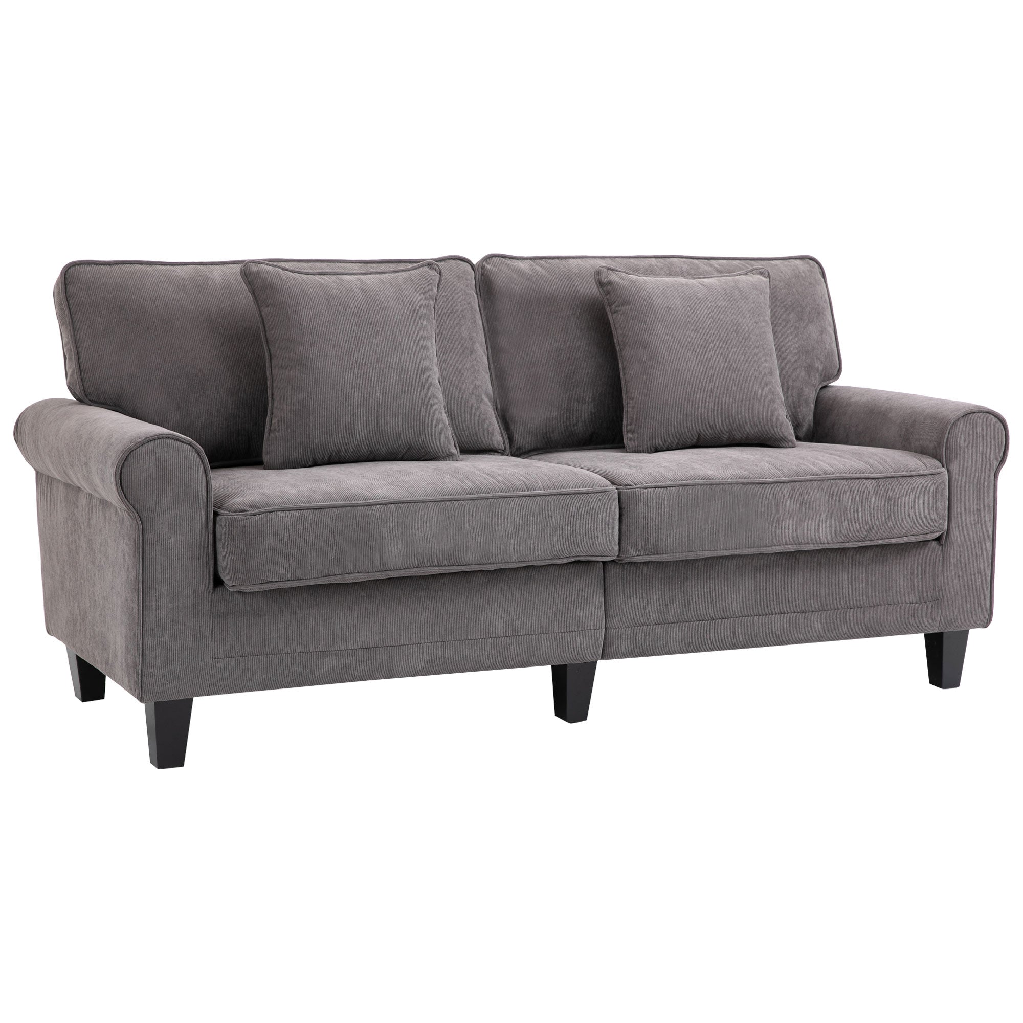 HOMCOM Modern 3-Seater Sofa, Corduroy Fabric Couch with Pine Wood Legs, Rolled Arms for Living Room, Light Grey