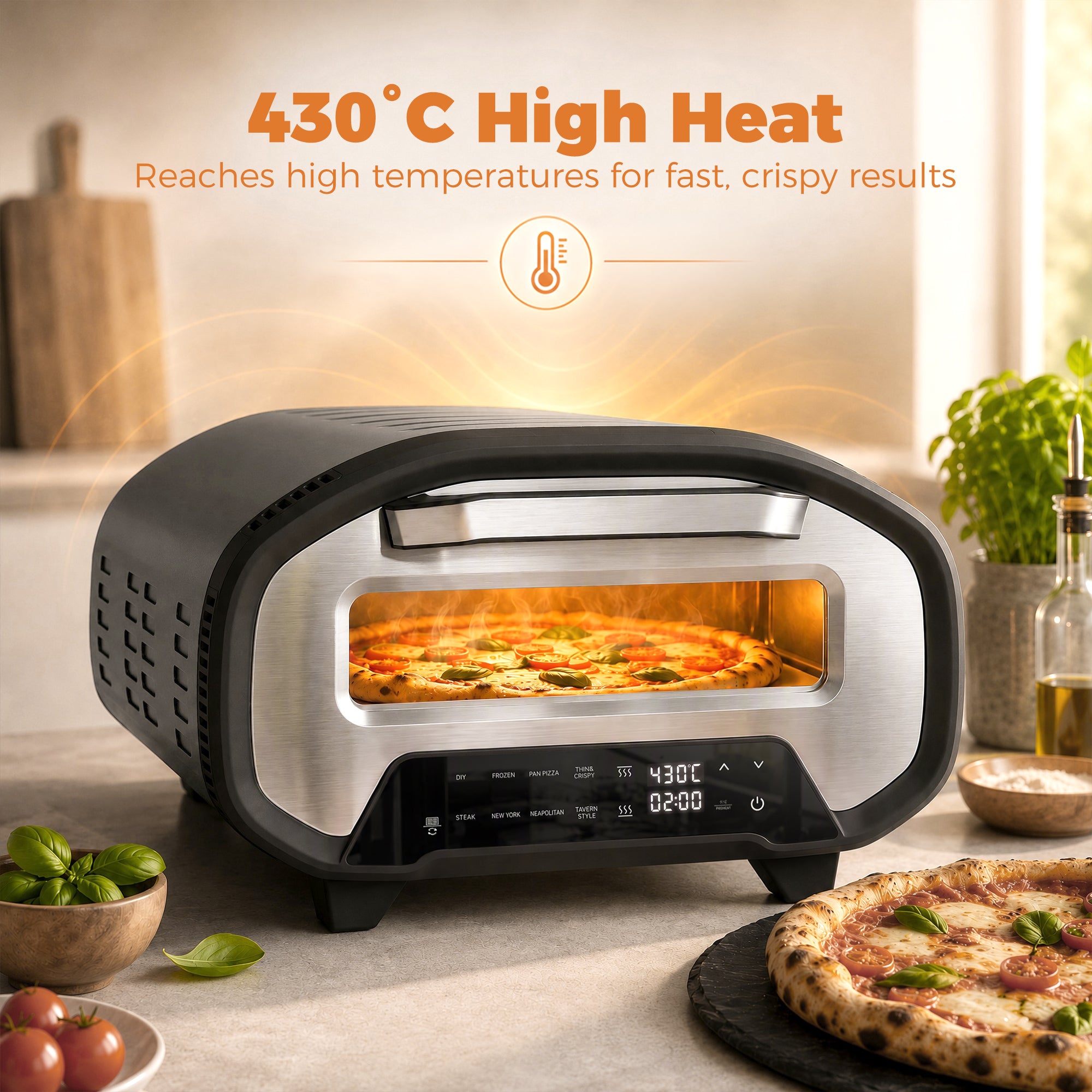 Pizza Oven Indoor, 12 Inch Electric Countertop Pizza Maker with 8 Preset Modes, 430°C, Timer, Ceramic Stone, LCD Touch Control, 2200W