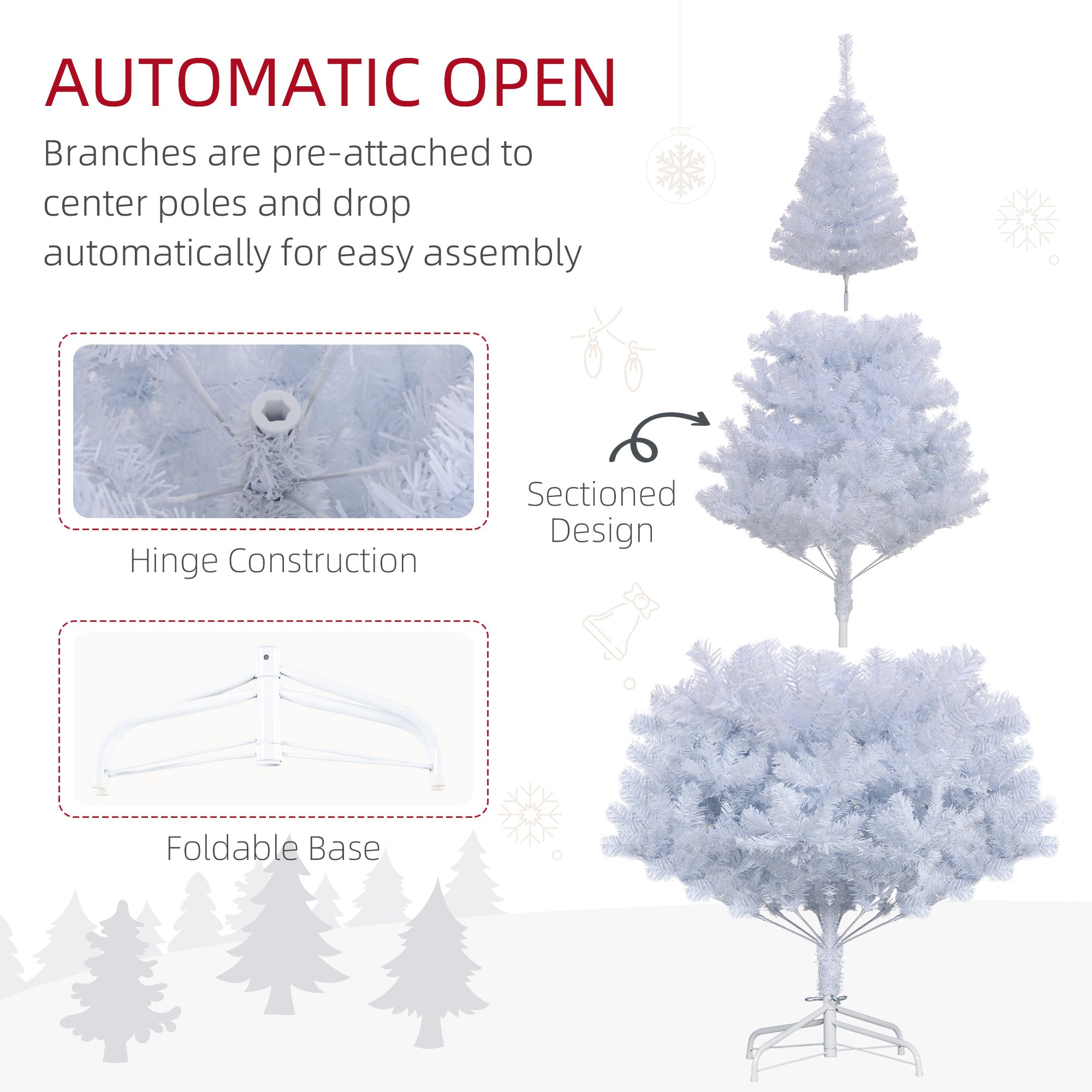 HOMCOM 6ft Artificial Christmas Tree with 928 Branch Tips and Metal Stand, Xmas Tree for Home Indoor Holiday, White