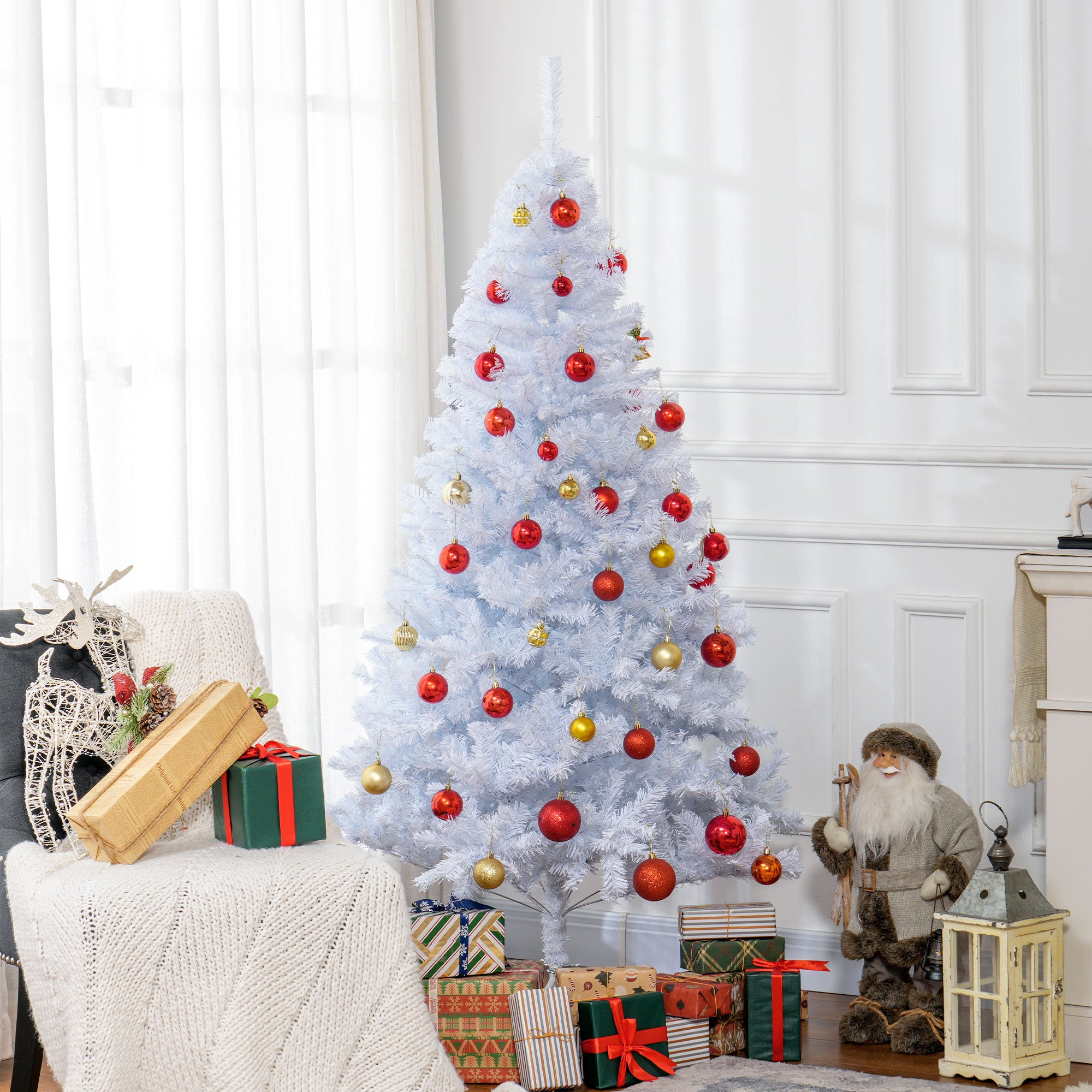 HOMCOM 6ft Artificial Christmas Tree with 928 Branch Tips and Metal Stand, Xmas Tree for Home Indoor Holiday, White