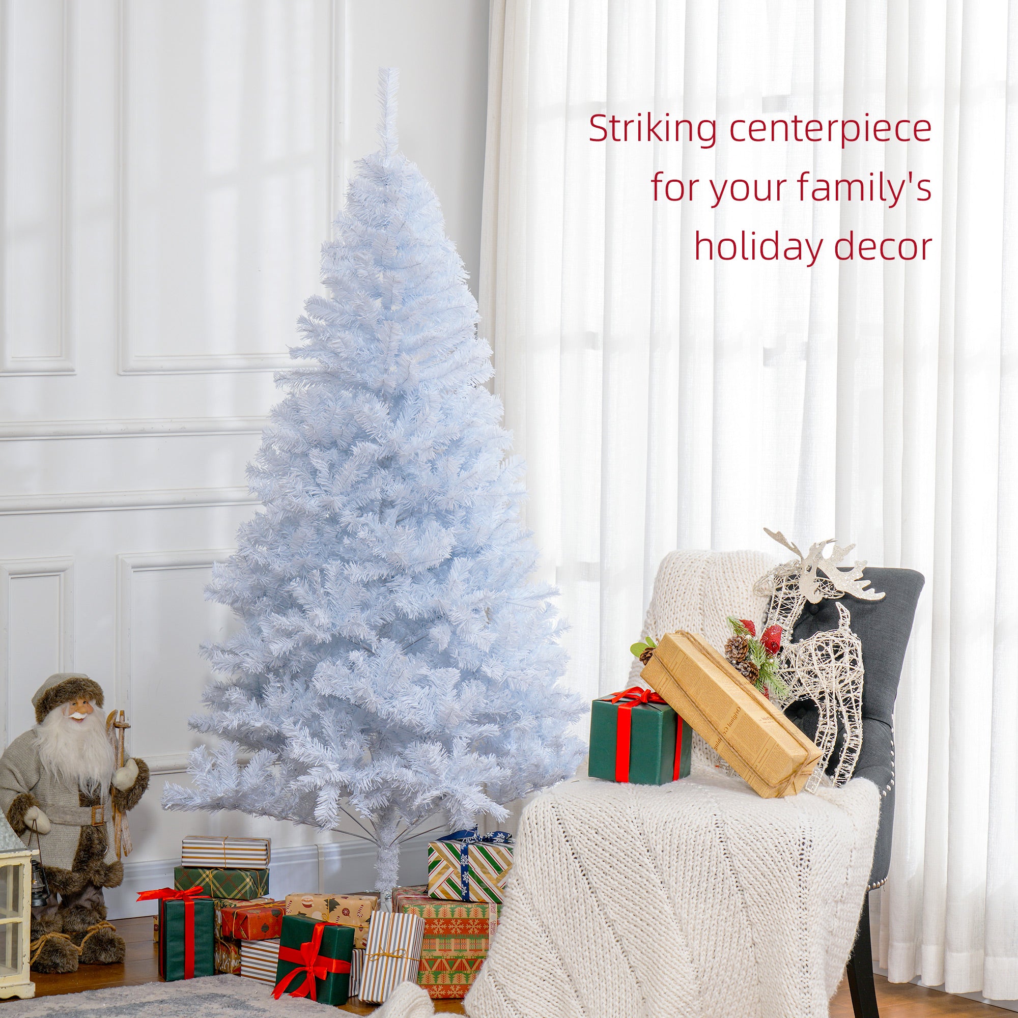 HOMCOM 6ft Artificial Christmas Tree with 928 Branch Tips and Metal Stand, Xmas Tree for Home Indoor Holiday, White