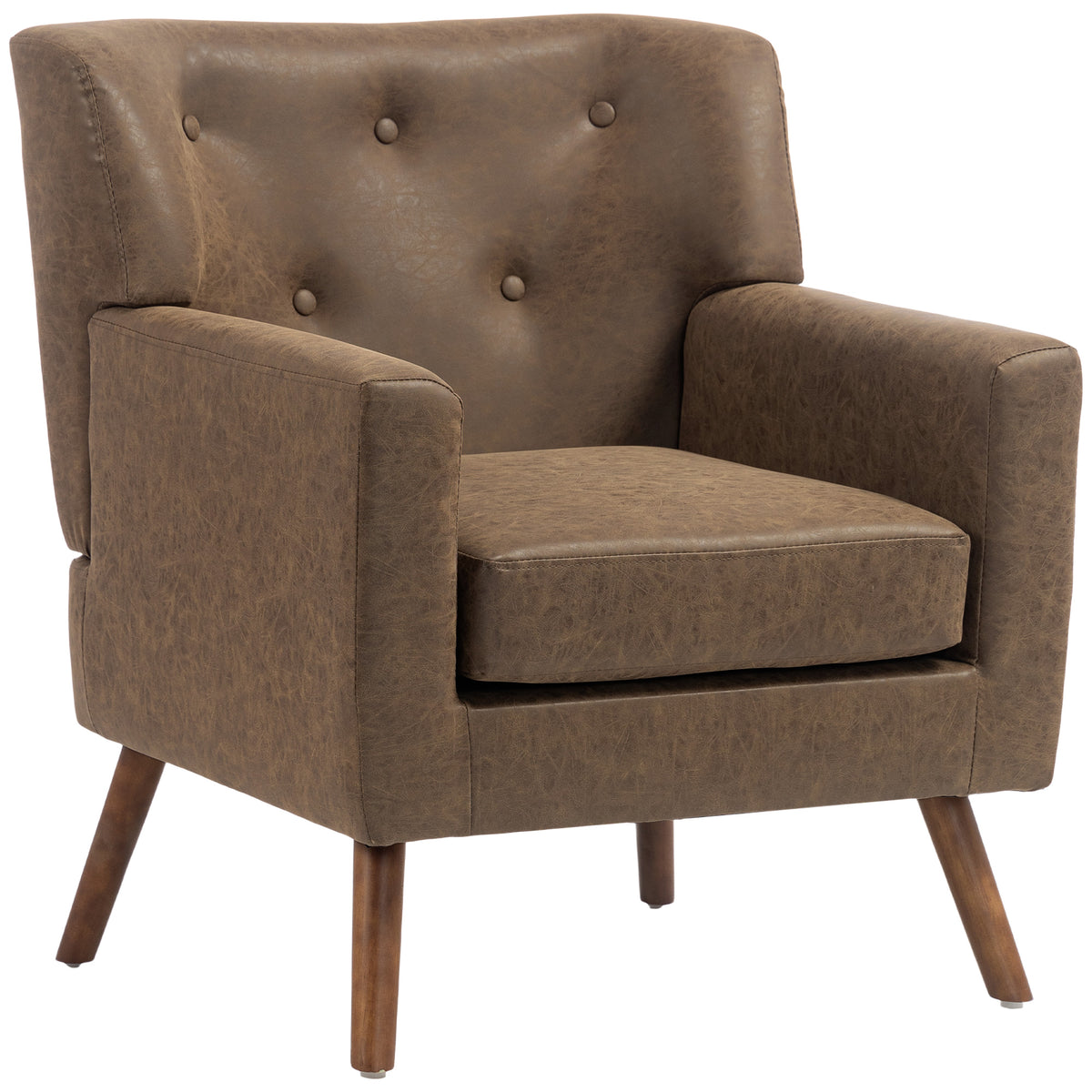 PU Leather Accent Chair, Mid Century Modern Armchair with Spring Seat Cushion, Tufted Back, Upholstered Club Chair with Wood Legs for Living Room Bedroom Study, Brown