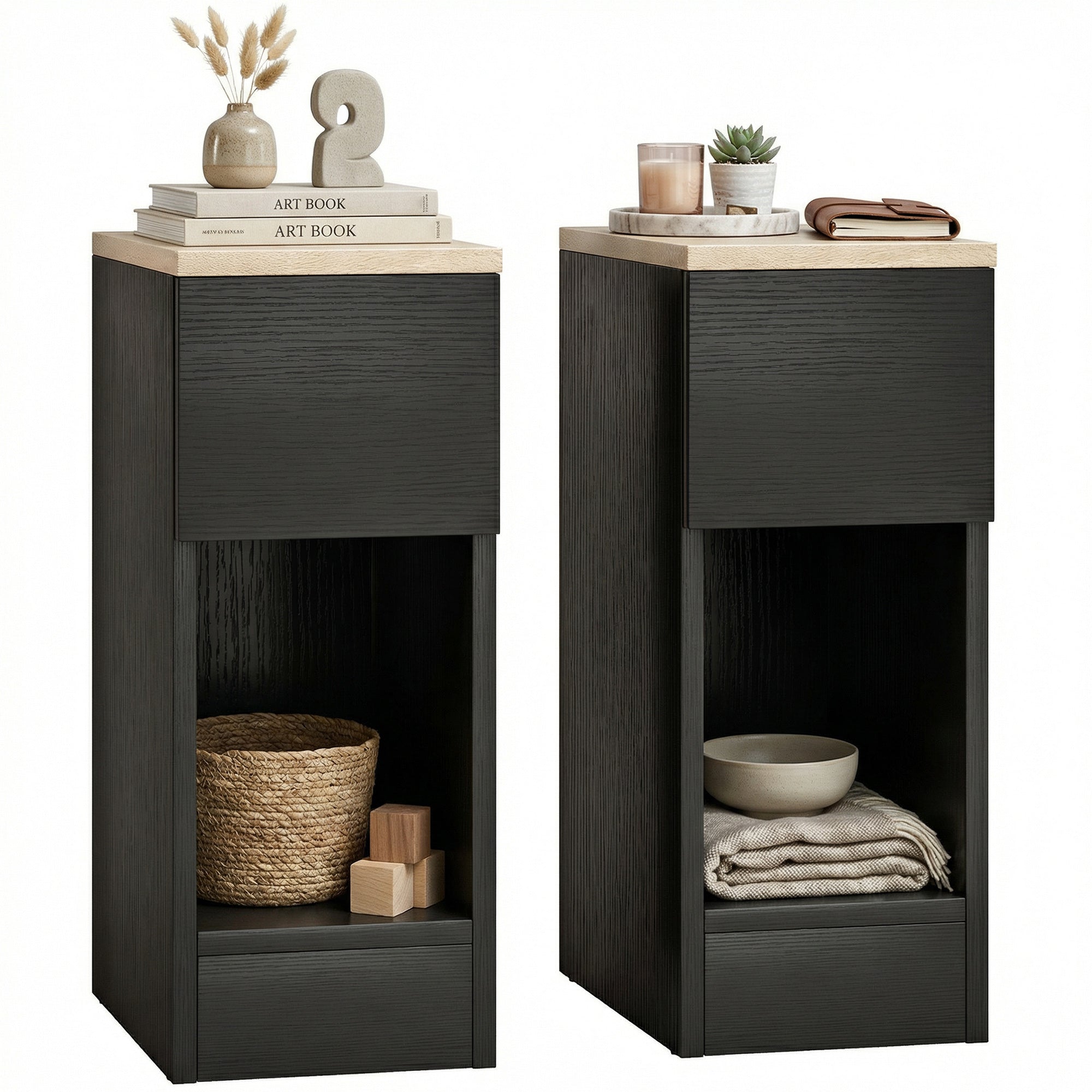 Bedside Tables Set of 2, Modern Side Tables with Drawer and Shelf, Nightstands for Bedroom, Living Room, Black