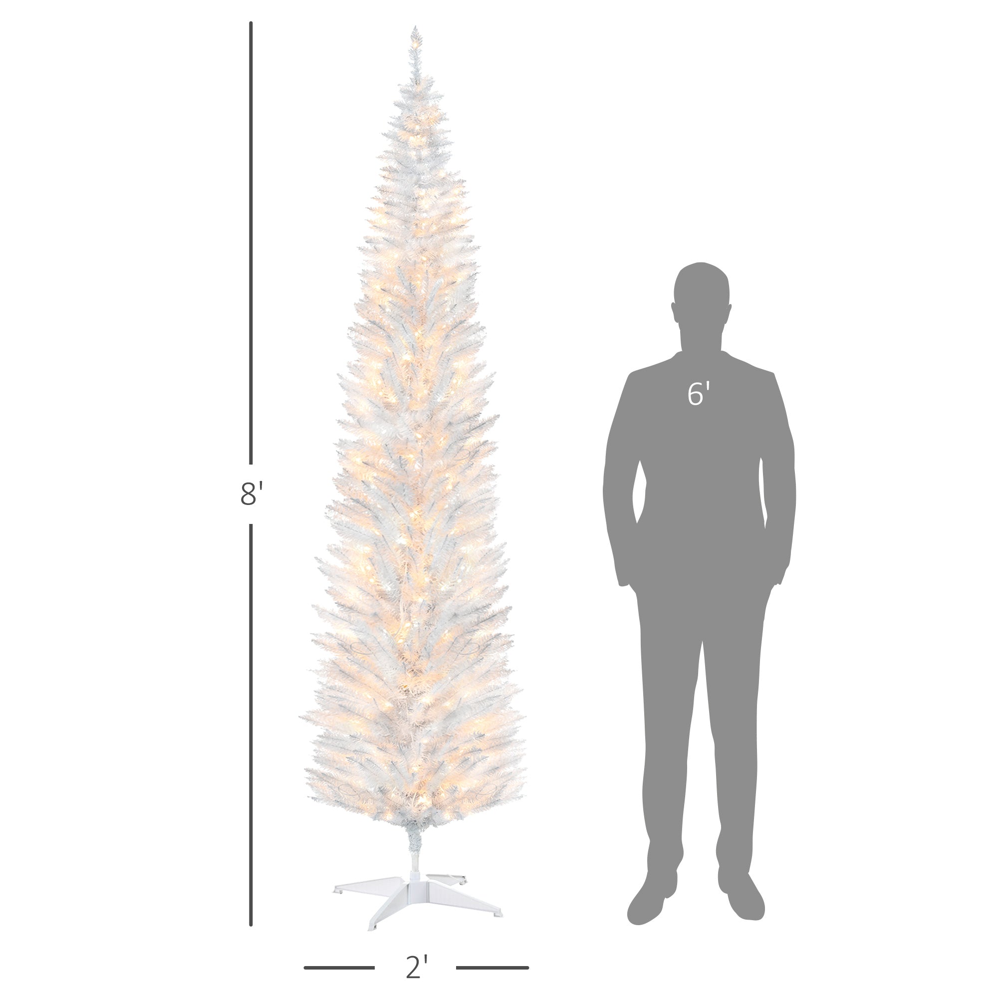 8ft Slim Artificial Pencil Christmas Tree with Realistic Branches & Warm White LEDs, White
