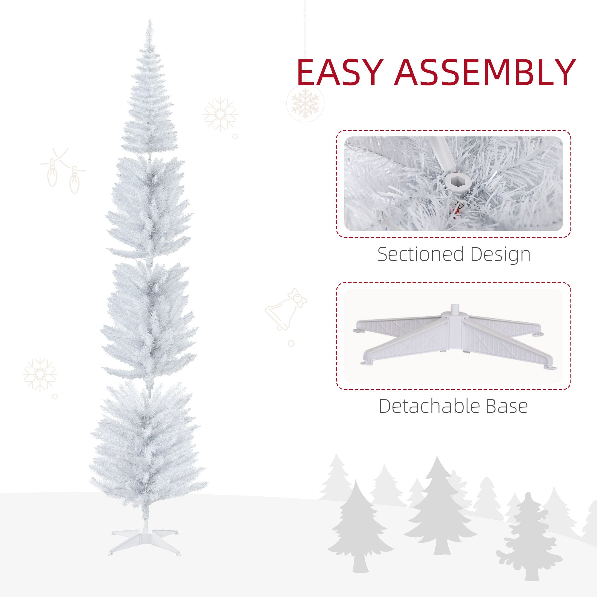 8ft Slim Artificial Pencil Christmas Tree with Realistic Branches & Warm White LEDs, White