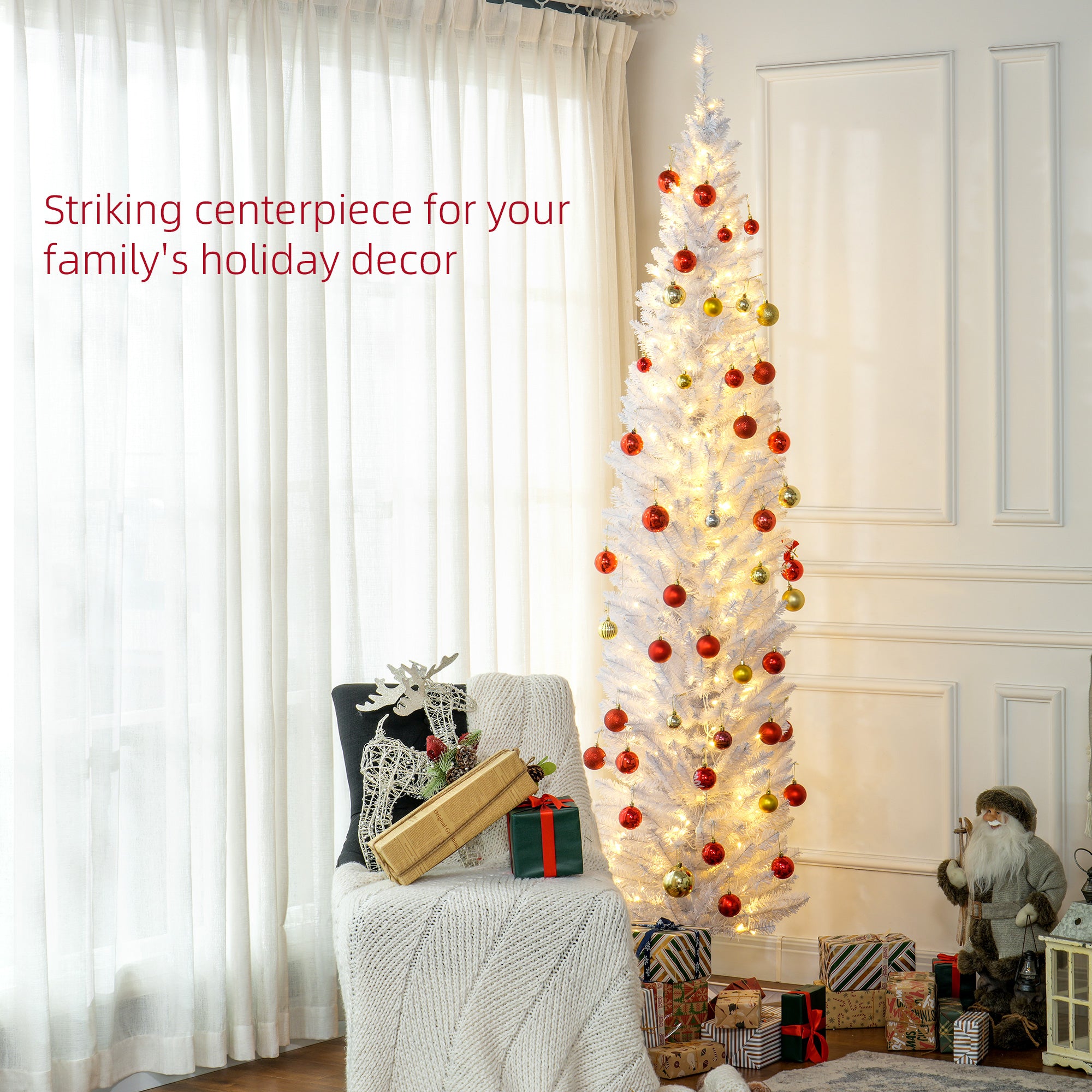 8ft Slim Artificial Pencil Christmas Tree with Realistic Branches & Warm White LEDs, White