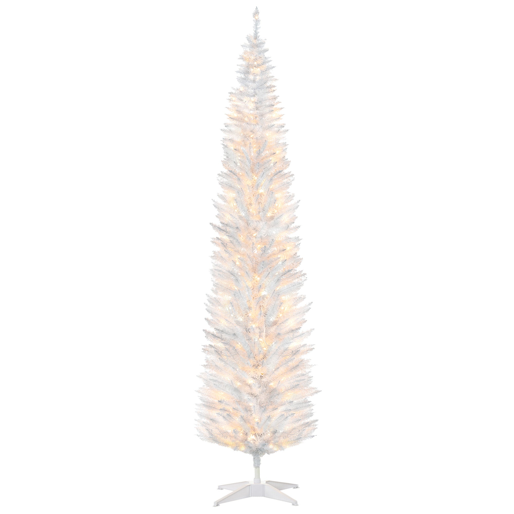 8ft Slim Artificial Pencil Christmas Tree with Realistic Branches & Warm White LEDs, White