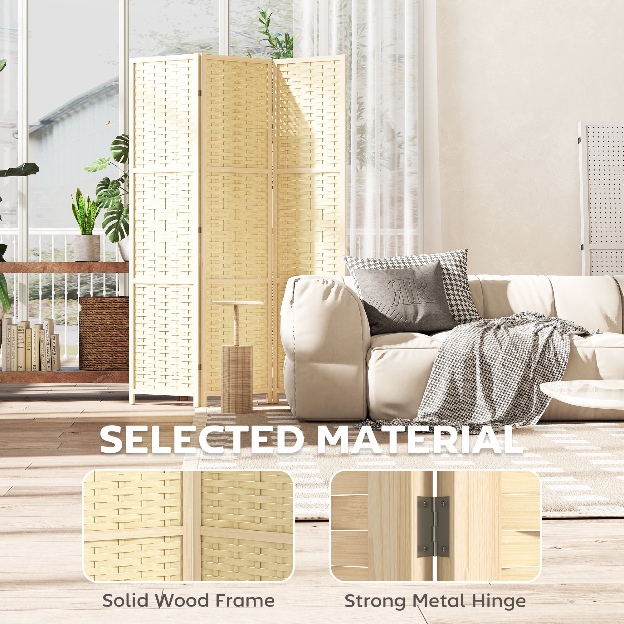 3-Panel Room Divider, 5.6 FT Bamboo Wave Freestanding Folding Privacy Screen, Partition Wall Divider for Indoor, Bedroom, Office, Natural Wood