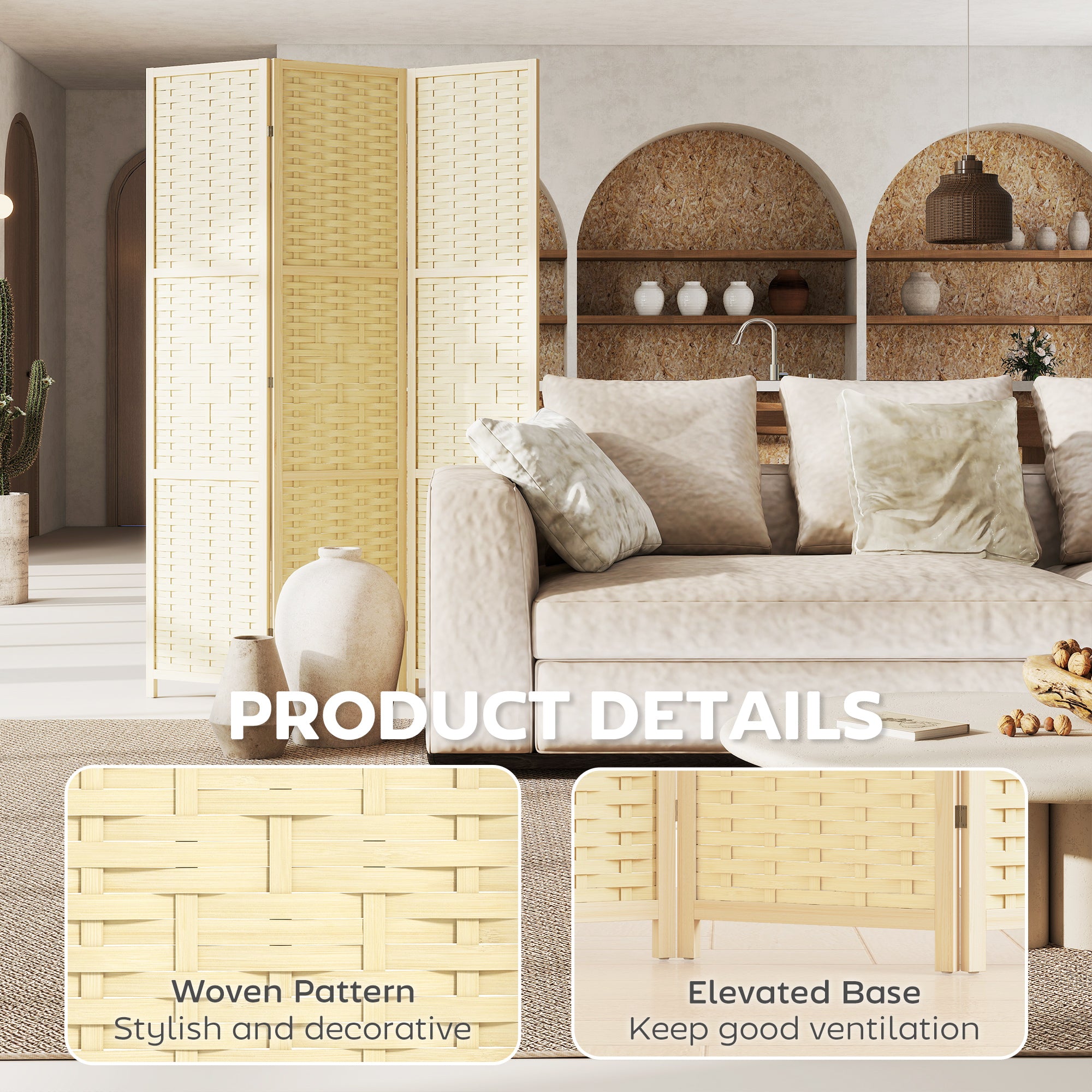 3-Panel Room Divider, 5.6 FT Bamboo Wave Freestanding Folding Privacy Screen, Partition Wall Divider for Indoor, Bedroom, Office, Natural Wood