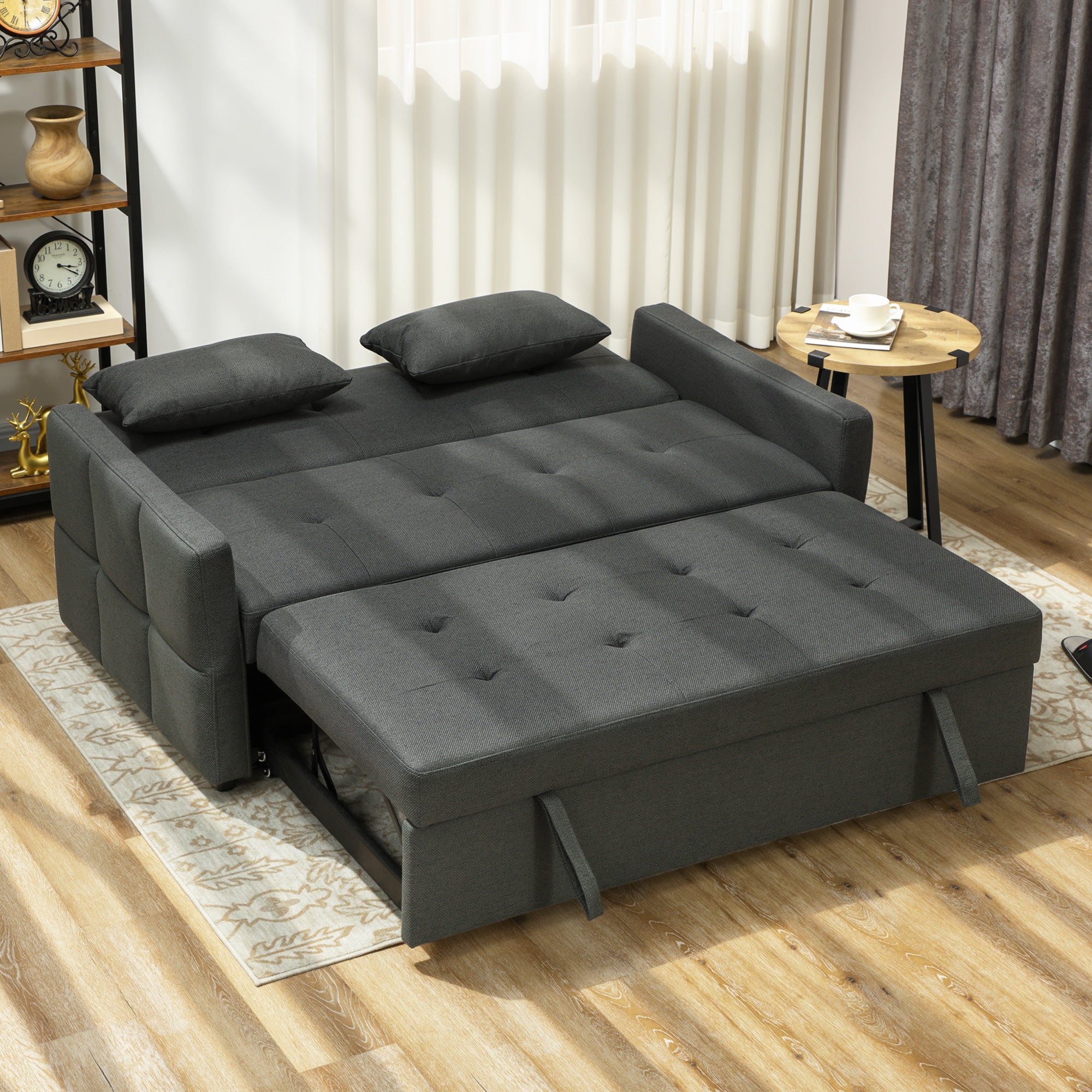 2 Seater Sofa Bed, Click Clack Sleeper Sofa with Pull Out Design, 2 Pillows, High Density Foam, Wide Seat, Linen Convertible Loveseat Bed Settee for Living Room, 137x179cm, Charcoal Grey