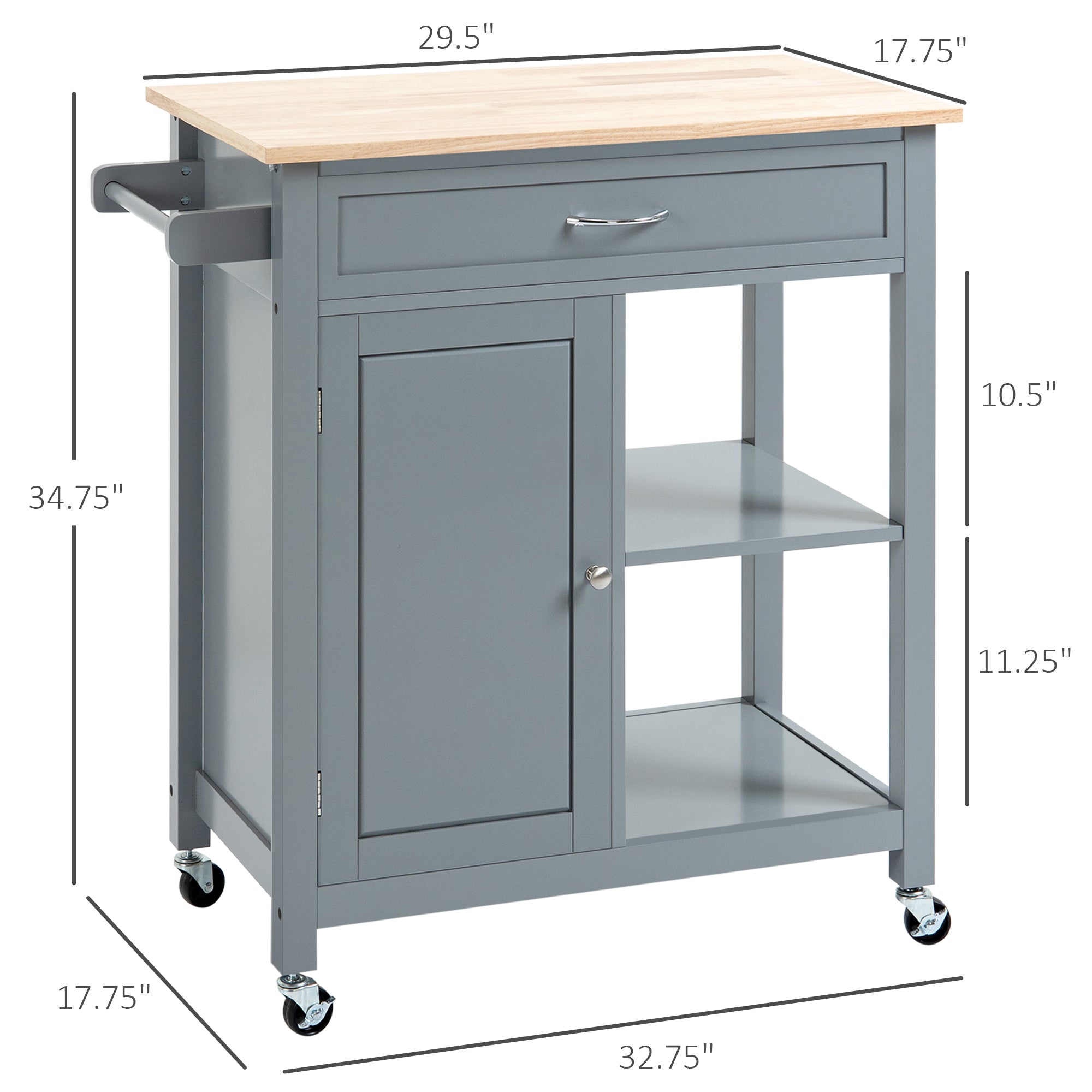 Kitchen Island Cart Rolling Kitchen Island 32.75" W x 17.75" D x 34.75" H Gray - HOMCOM