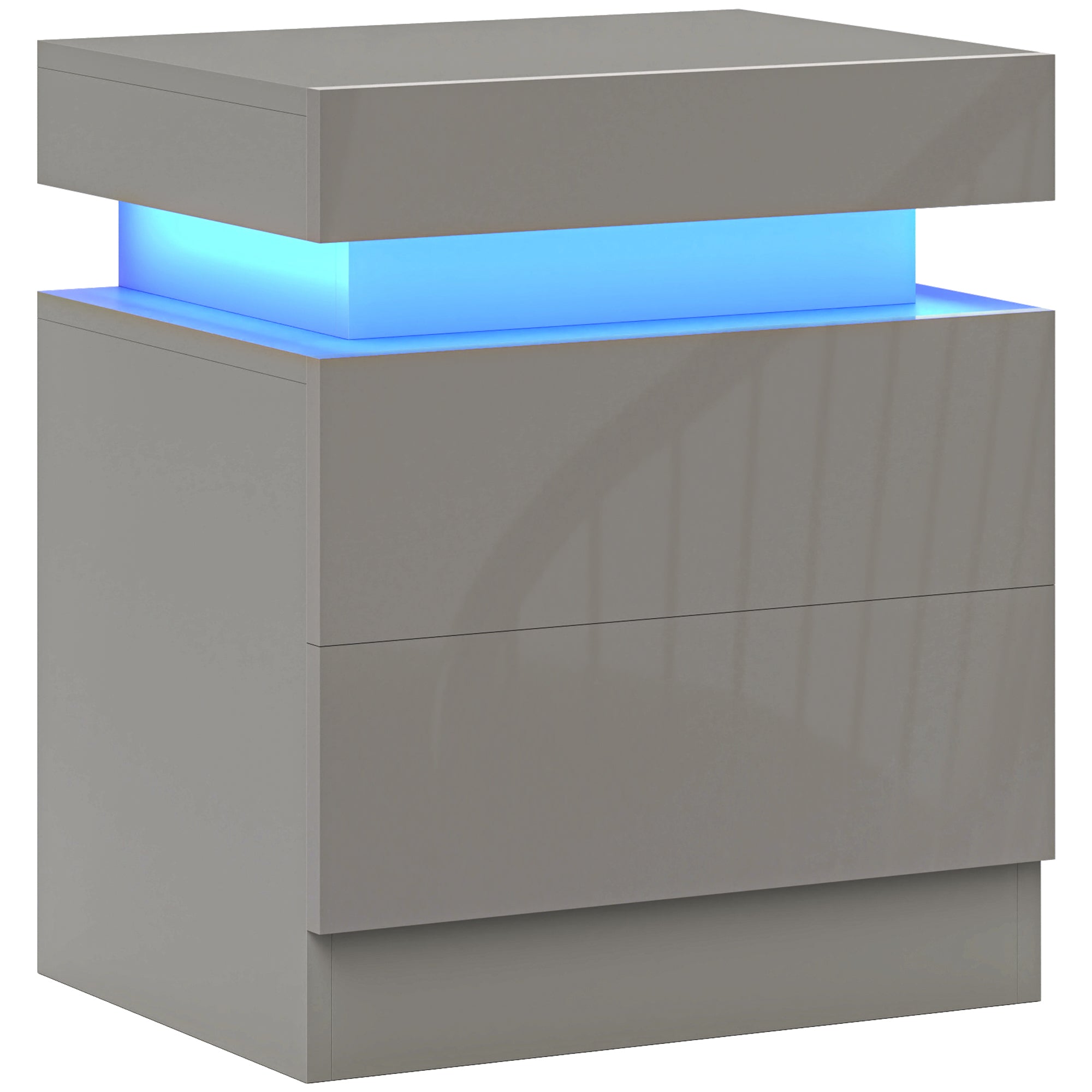 High Gloss Front Bedside Table, APP Control Nightstand with RGB LED Light and 2 Drawers, Chest of Drawers for Bedroom, Living Room, Grey