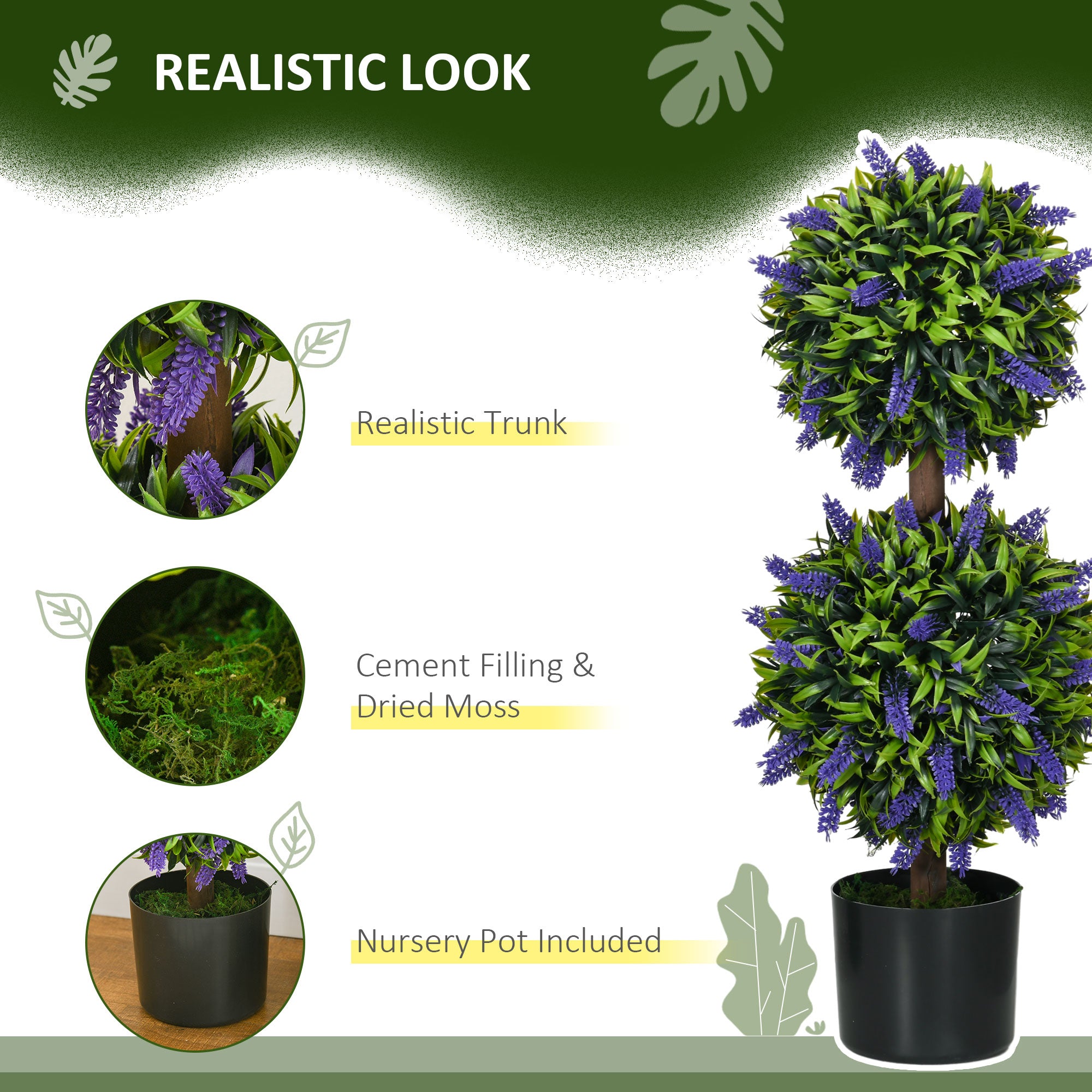 2.3ft Set of 2 Decorative Artificial Plants Ball Trees with Lavender Flowers in Pot Fake Plants for Home Indoor Outdoor Decor, Green