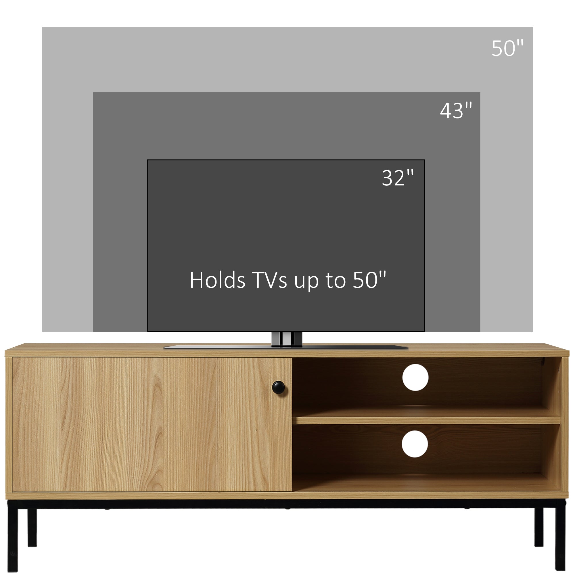 HOMCOM TV Stand Cabinet for TVs up to 50", TV Unit with 3 Compartments, Cable Management, TV Cabinet with Sliding Door for Living Room, Bedroom, Natural Wood Finish