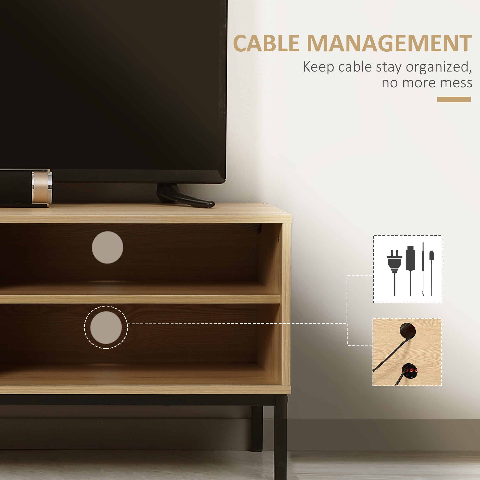 HOMCOM TV Stand Cabinet for TVs up to 50", TV Unit with 3 Compartments, Cable Management, TV Cabinet with Sliding Door for Living Room, Bedroom, Natural Wood Finish