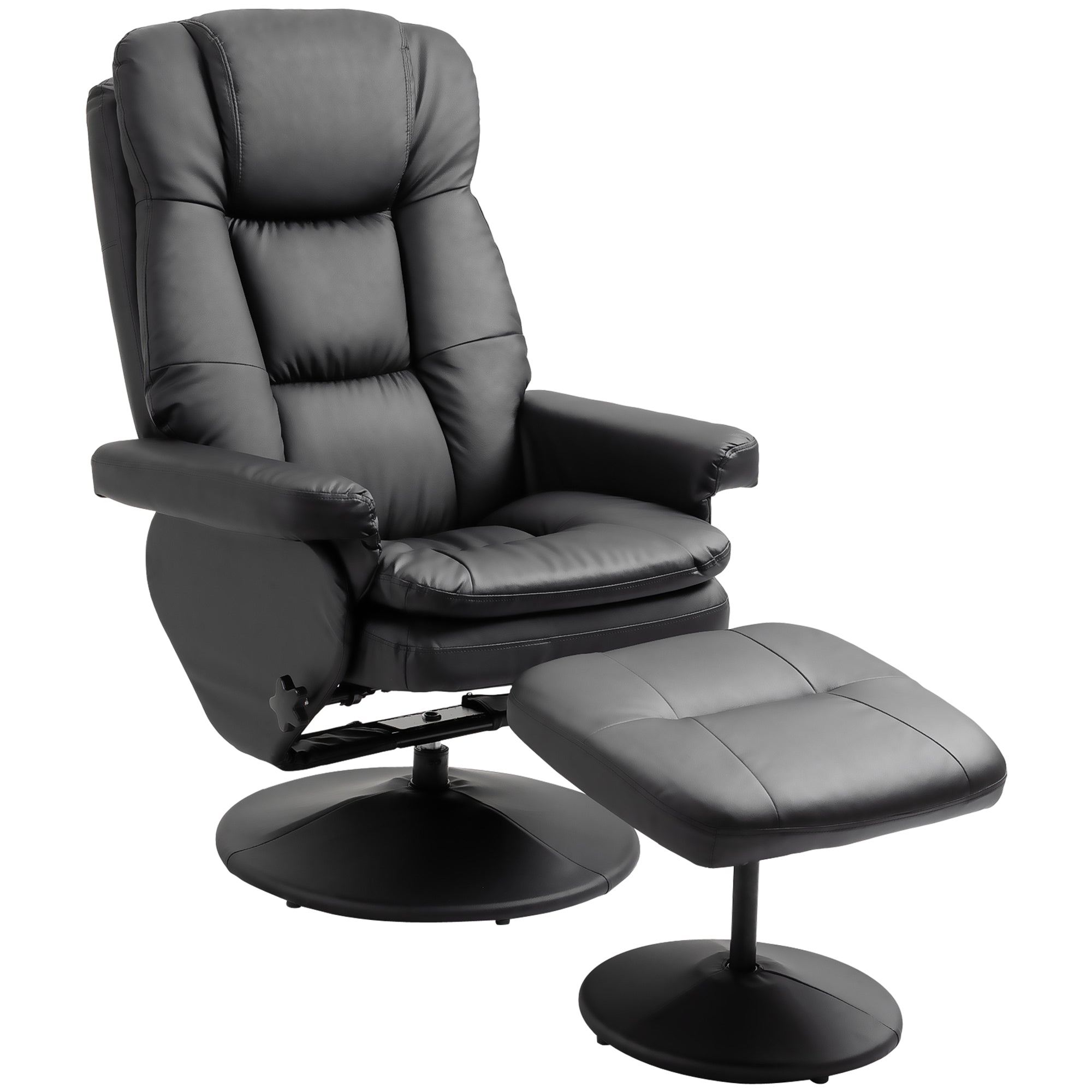 PU Leather Recliner Chair w/ Ottoman, Swivel Recliner w/ Round Wrapped Base, Black