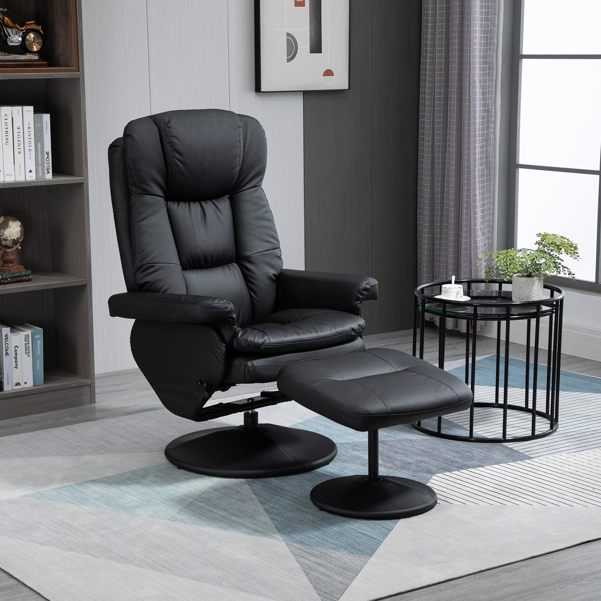 PU Leather Recliner Chair w/ Ottoman, Swivel Recliner w/ Round Wrapped Base, Black