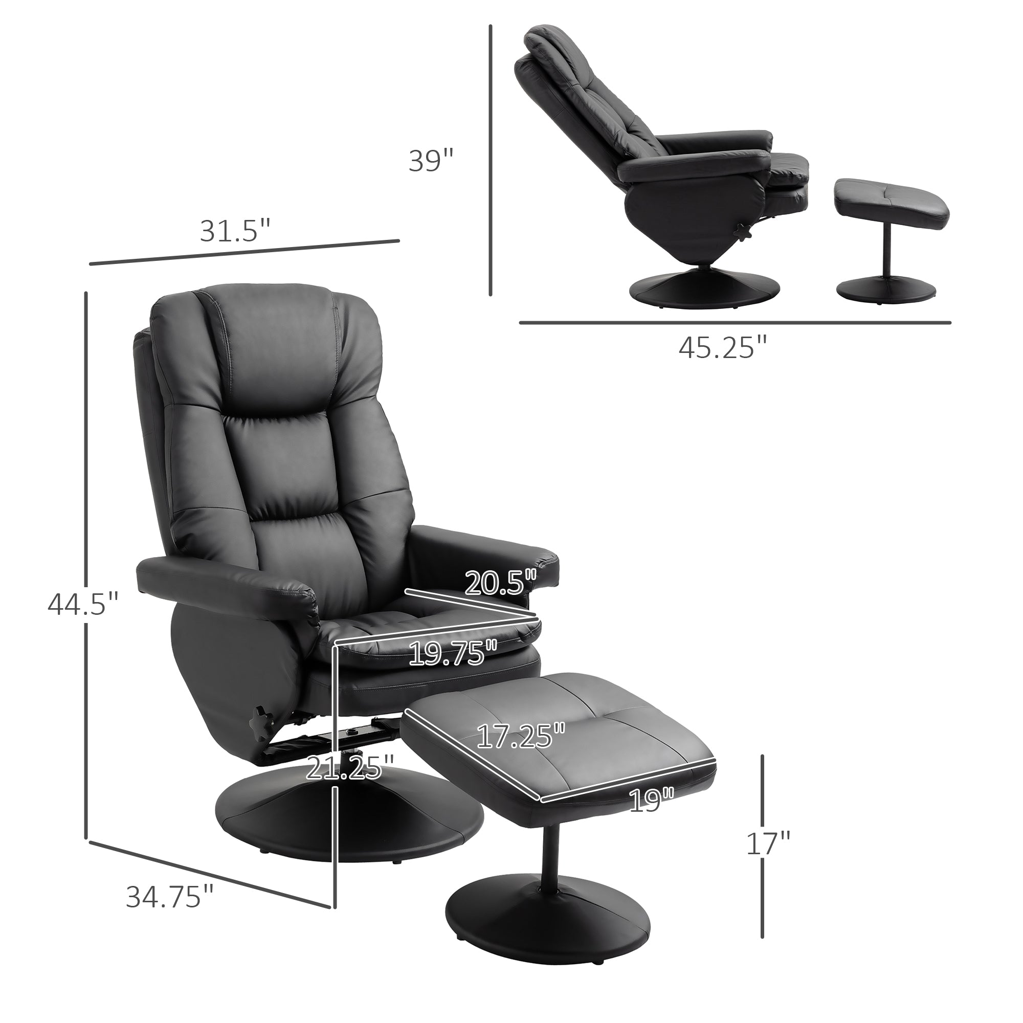 PU Leather Recliner Chair w/ Ottoman, Swivel Recliner w/ Round Wrapped Base, Black