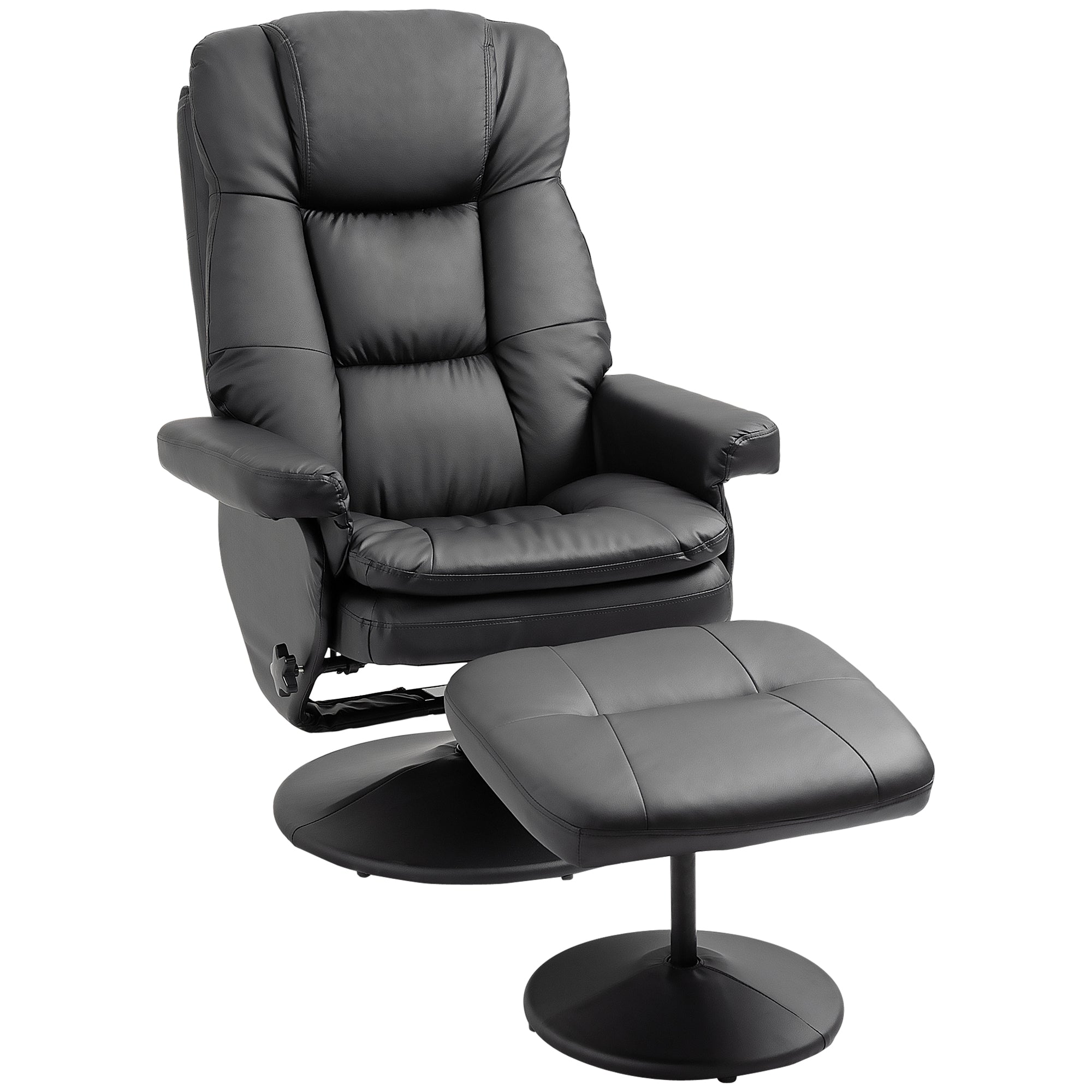 PU Leather Recliner Chair w/ Ottoman, Swivel Recliner w/ Round Wrapped Base, Black