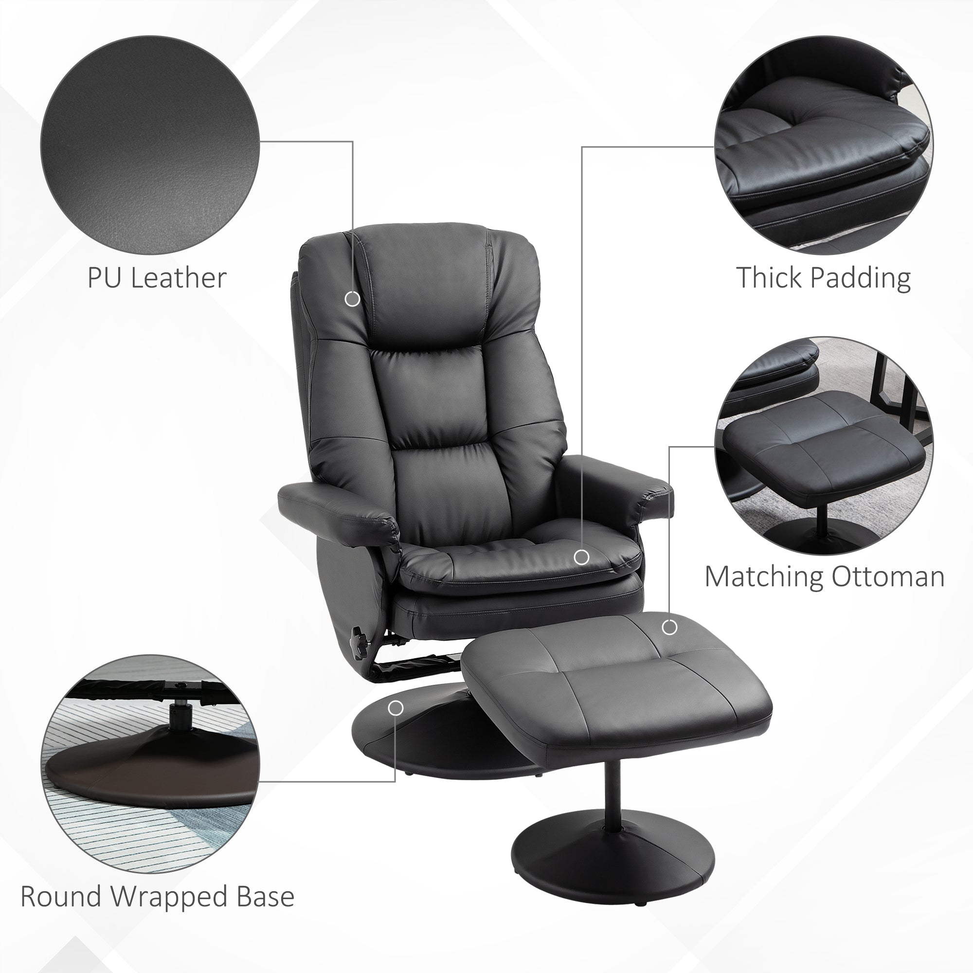 PU Leather Recliner Chair w/ Ottoman, Swivel Recliner w/ Round Wrapped Base, Black
