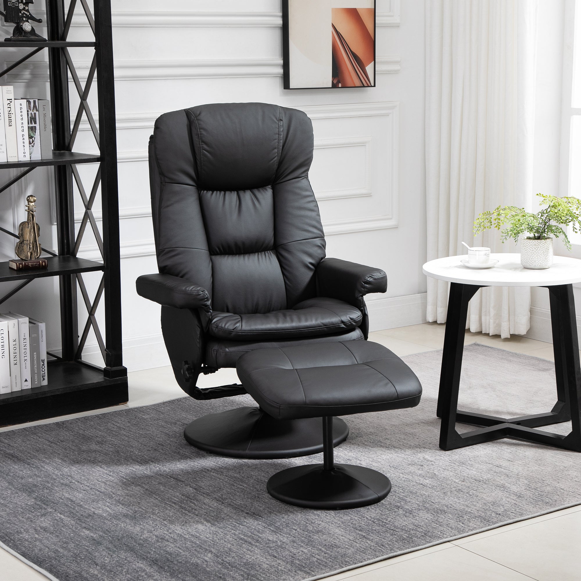 PU Leather Recliner Chair w/ Ottoman, Swivel Recliner w/ Round Wrapped Base, Black