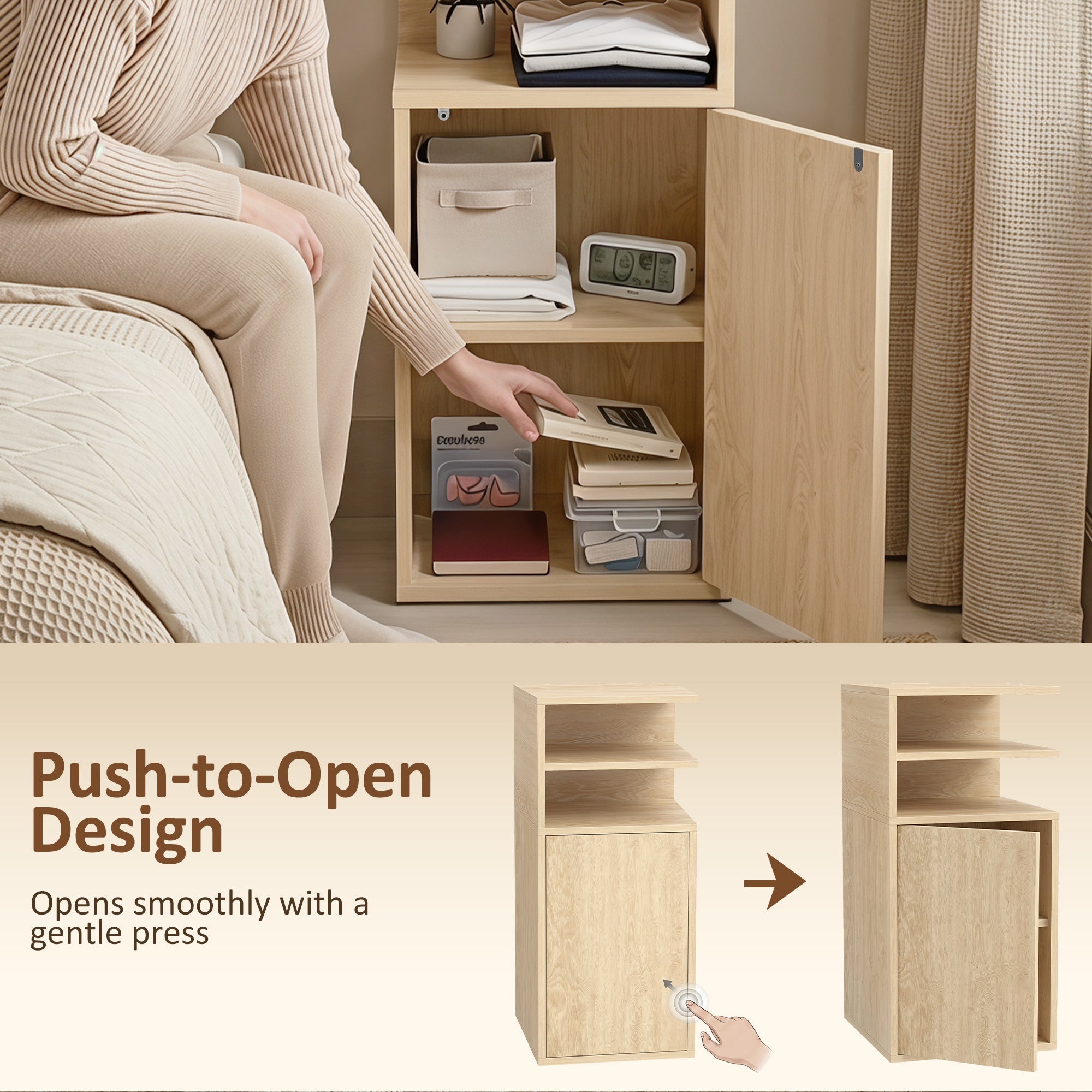 Slim Bedside Table Set of 2, Narrow Bedside Cabinet with Open Cubbies and Cupboard, Side End Table for Bedroom Living Room Compact Nooks, 30 x 25 x 60 cm, Oak
