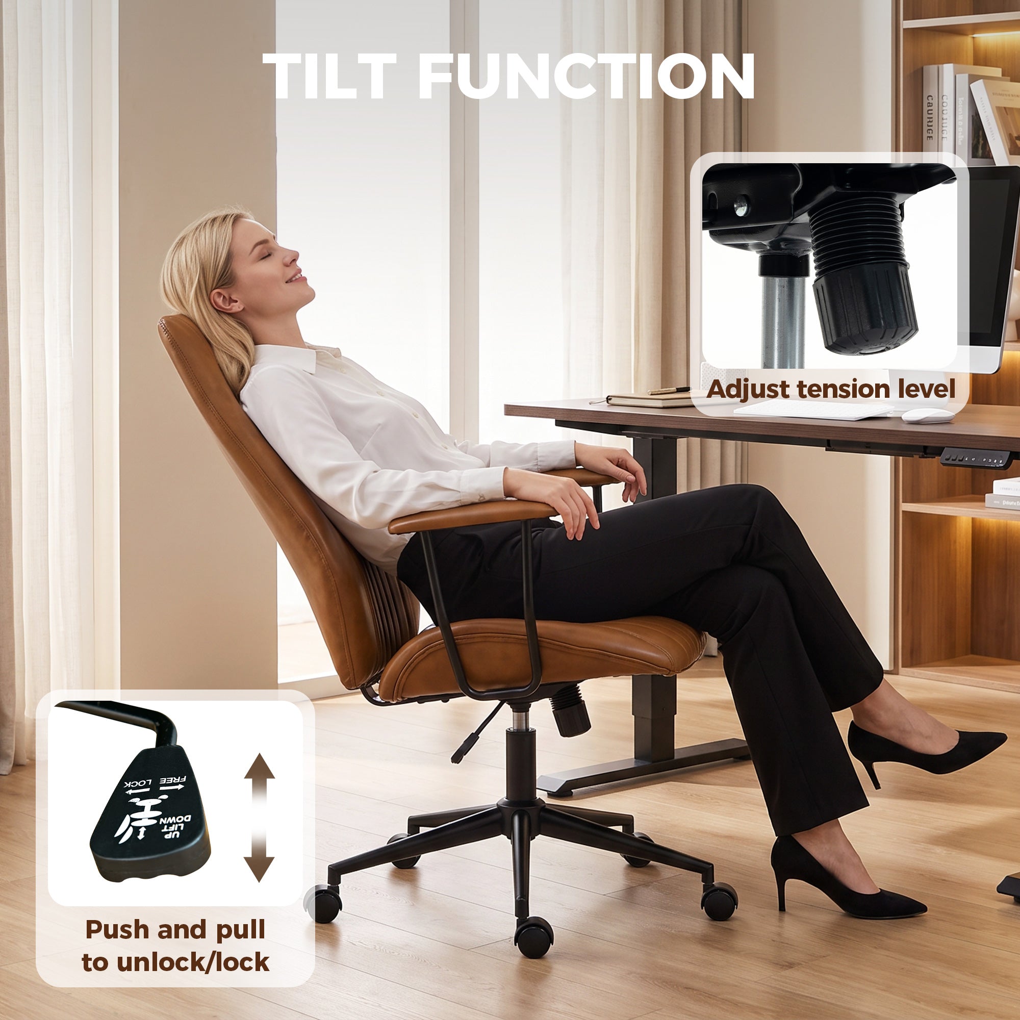 Home Office Desk Chair, PU Leather Computer Chair with Padded Arms, Mid Back, 360° Swivel, Adjustable Height, Tilt Function, Rolling Wheels, Vintage Style for Task, Study, Work, Brown