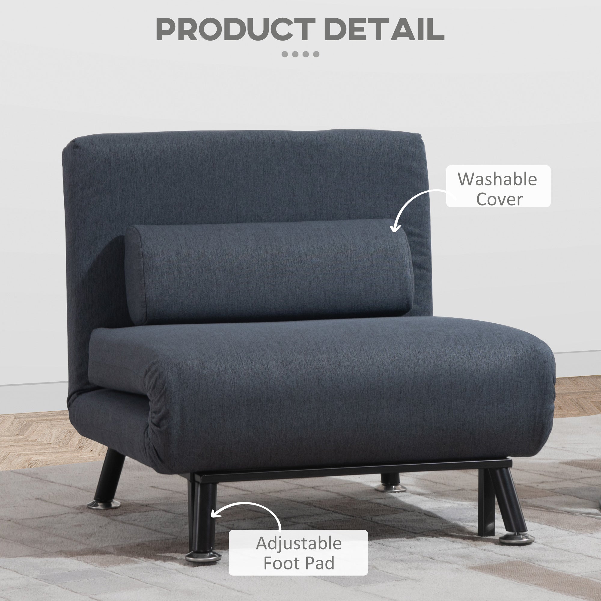 HOMCOM Linen Single Chair Bed, 3-in-1 Convertible Sleeper Chair with Adjustable Backrest, Pillow, for Living Room, Bedroom, Black