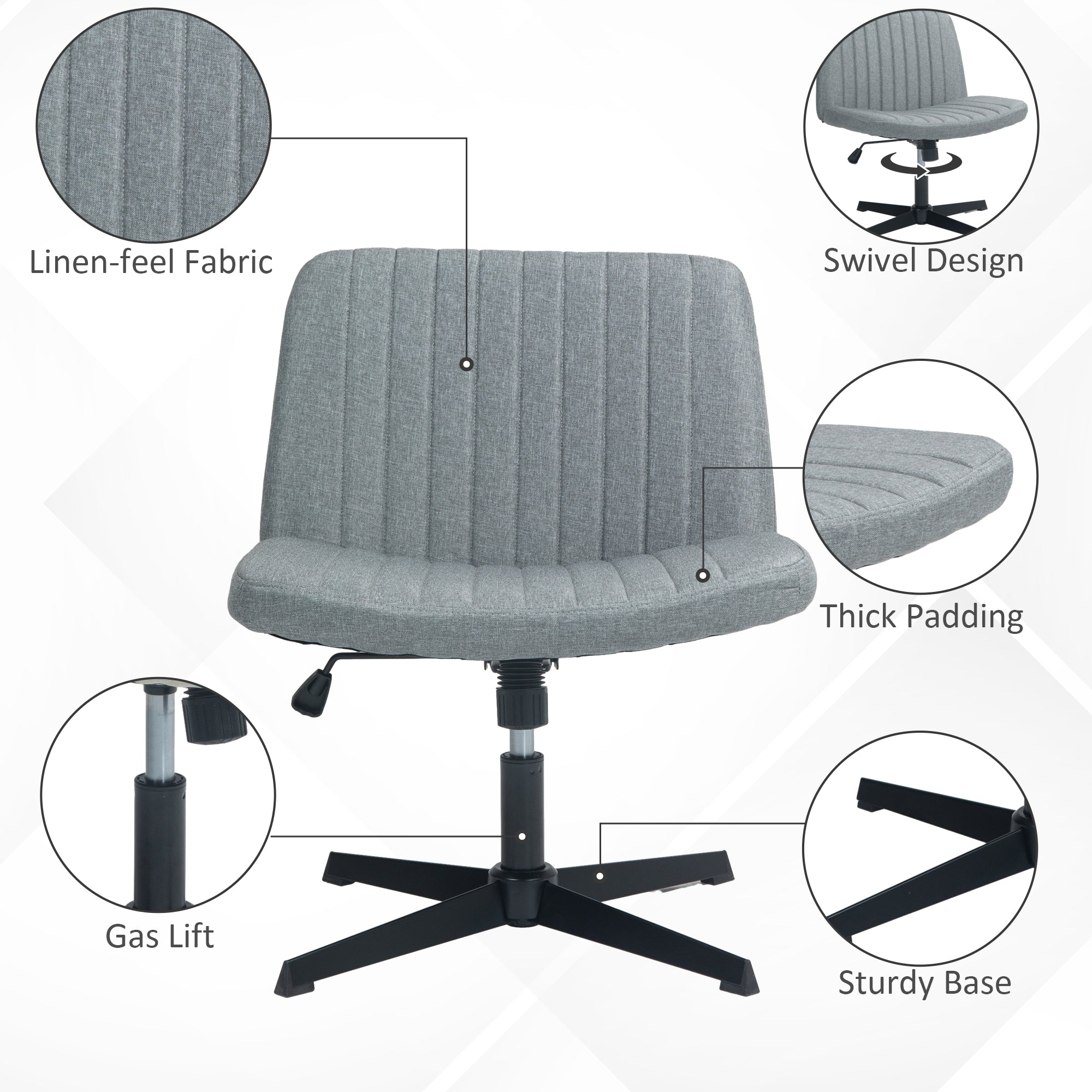 Fabric Armless Office Chair, Wide Task Vanity Seat with Adjustable Height, Gray