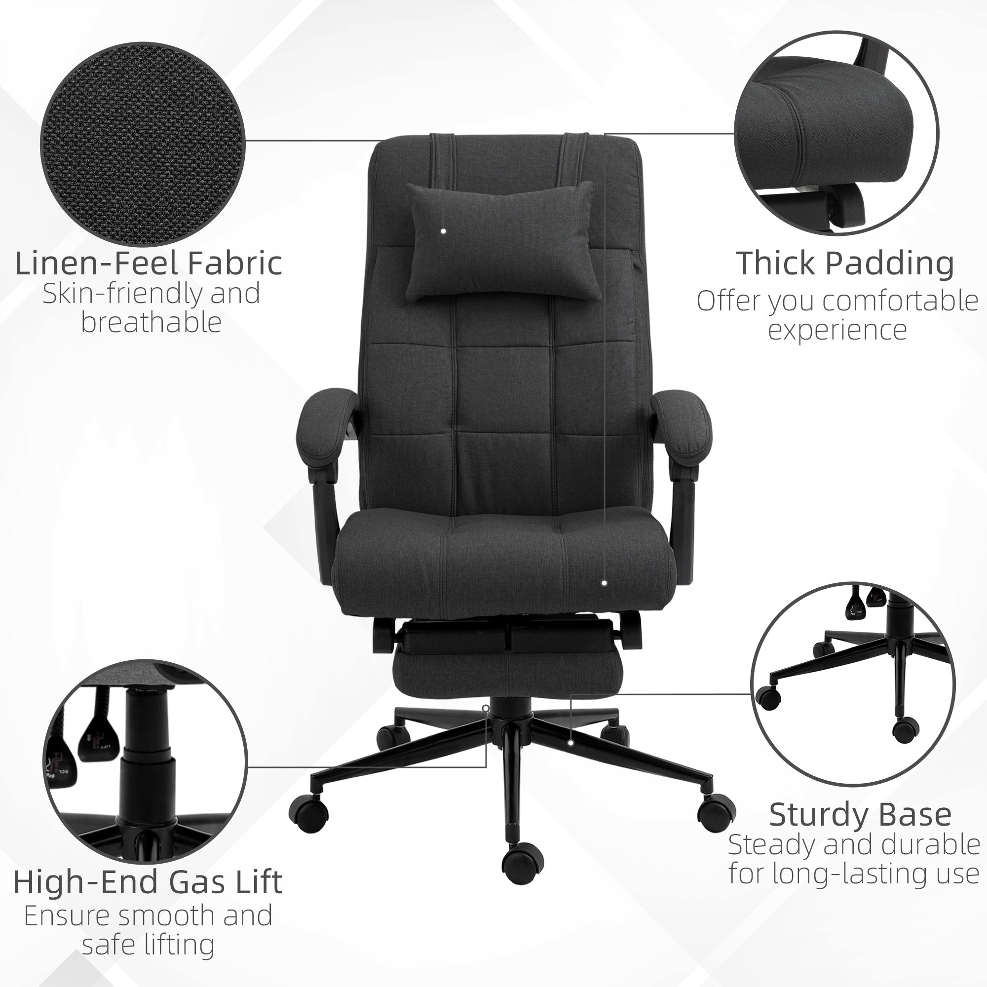 Vinsetto Office Chair Ergonomic Desk Chair, Computer Chair with Footrest & Head Pillow, 360° Swivel Recliner Chair for Home Office, Black