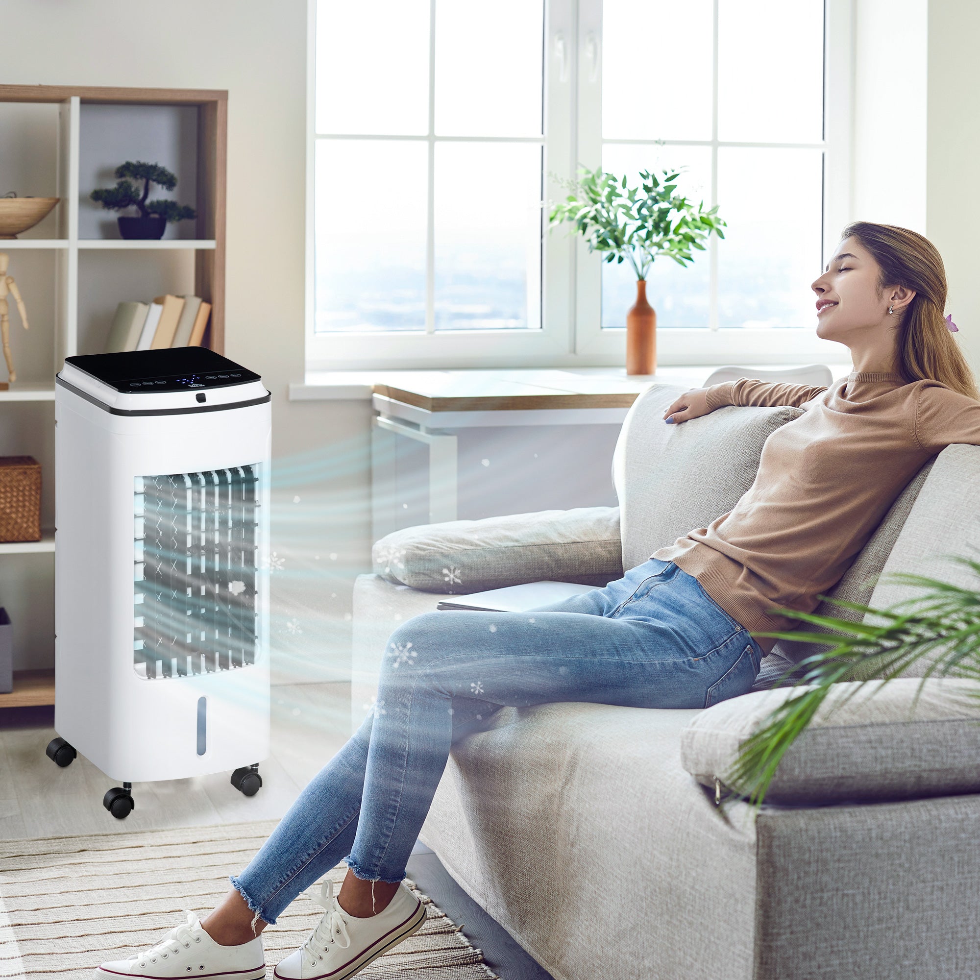 HOMCOM 3-in-1 Portable Air Cooler with 4L Water Tank, Evaporative Air Cooling Fan with Automatic Oscillation, 3 Speeds, 7.5H Timer, Remote, Wheels for Home Office, White