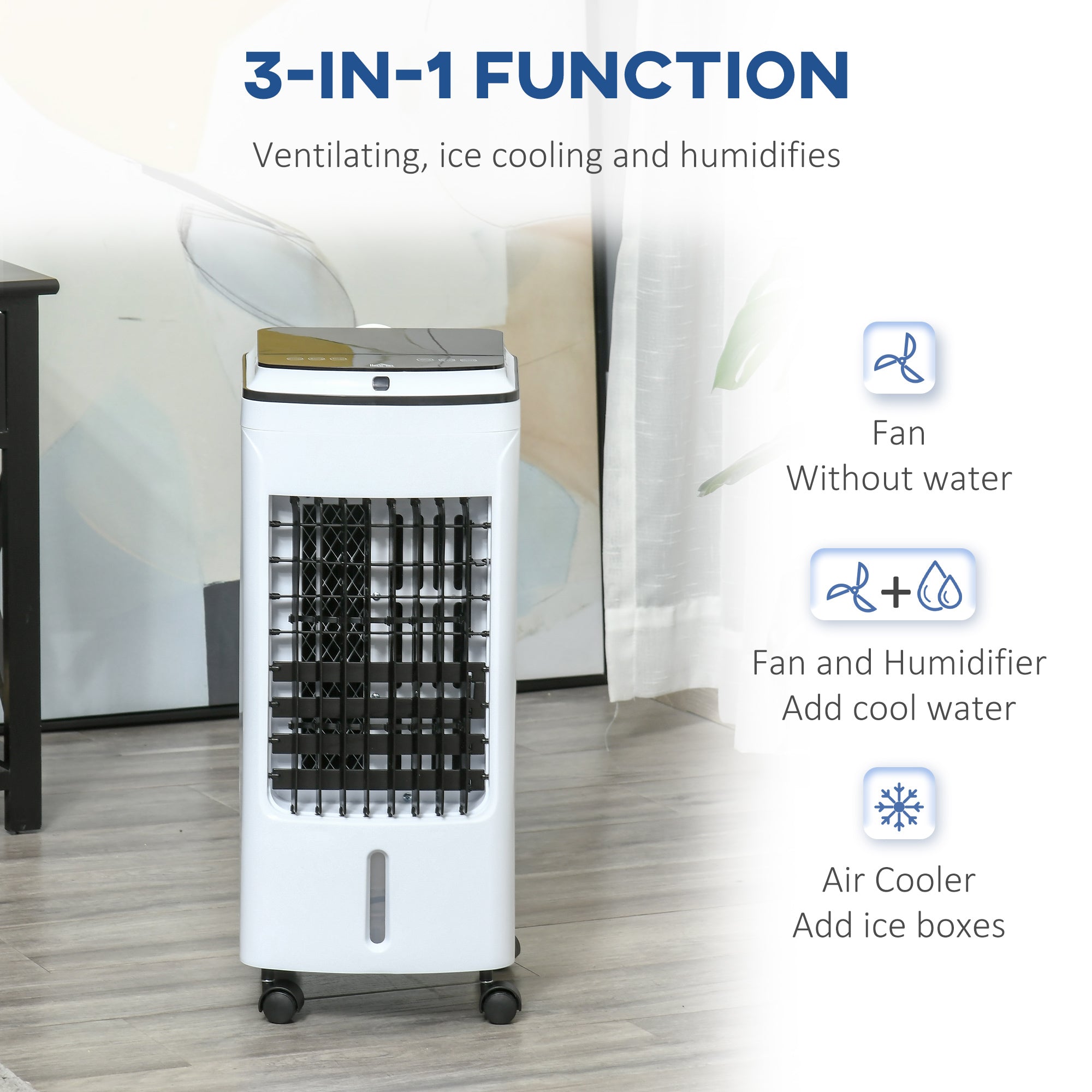 HOMCOM 3-in-1 Portable Air Cooler with 4L Water Tank, Evaporative Air Cooling Fan with Automatic Oscillation, 3 Speeds, 7.5H Timer, Remote, Wheels for Home Office, White