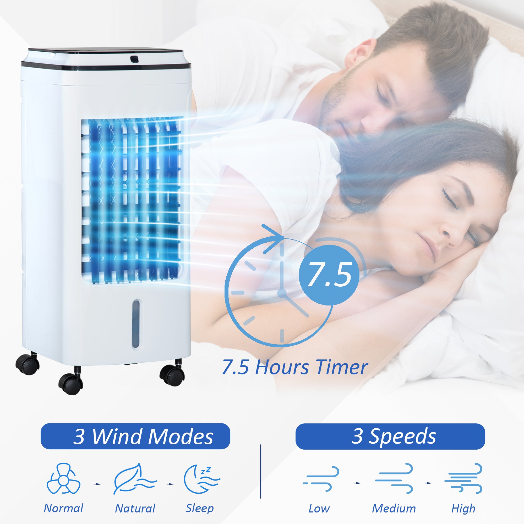 HOMCOM 3-in-1 Portable Air Cooler with 4L Water Tank, Evaporative Air Cooling Fan with Automatic Oscillation, 3 Speeds, 7.5H Timer, Remote, Wheels for Home Office, White