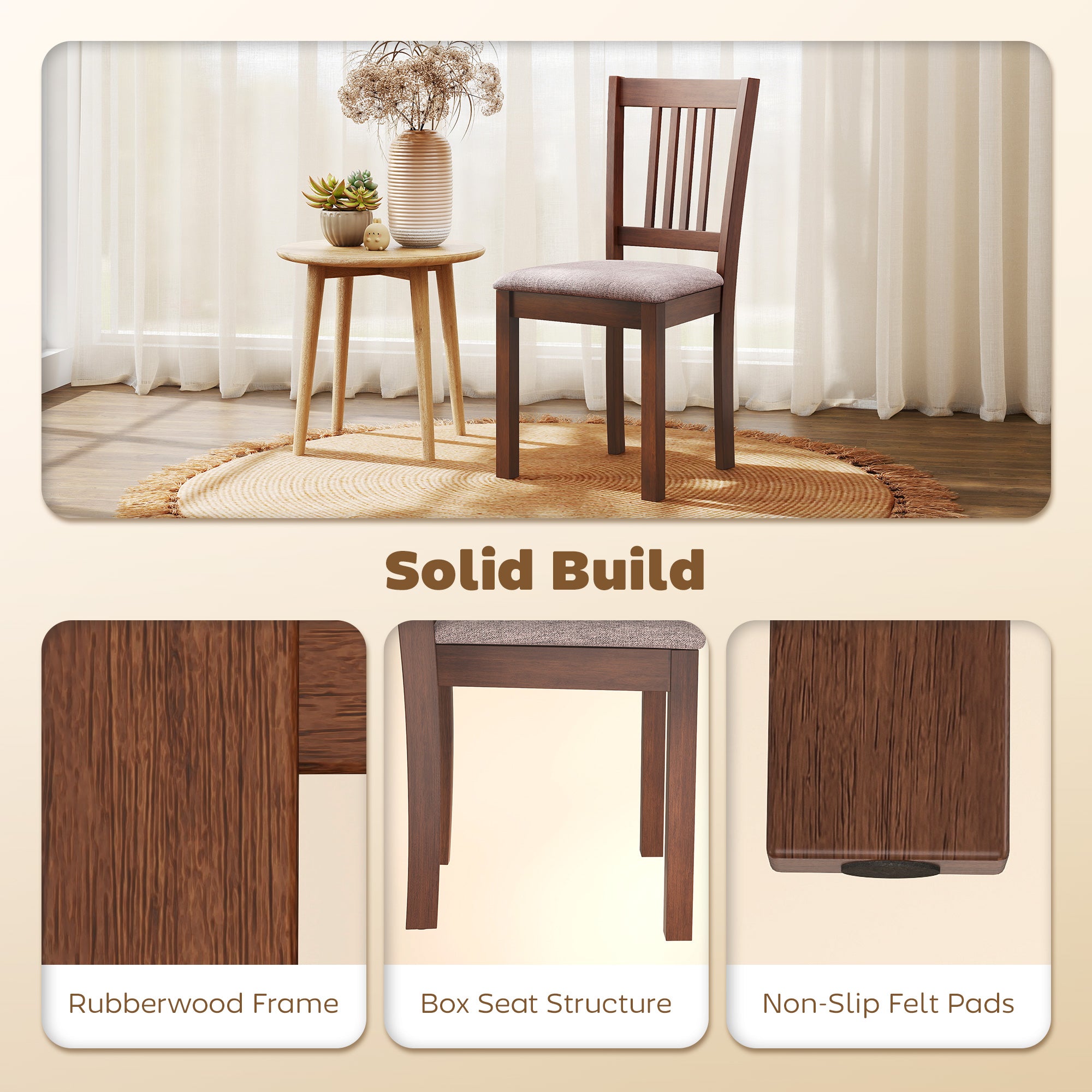 Modern Dining Chairs Set of 2, Linen Fabric Upholstered Kitchen Chairs with Rubberwood Legs for Dining Room, Living Room, Brown and Light Brown
