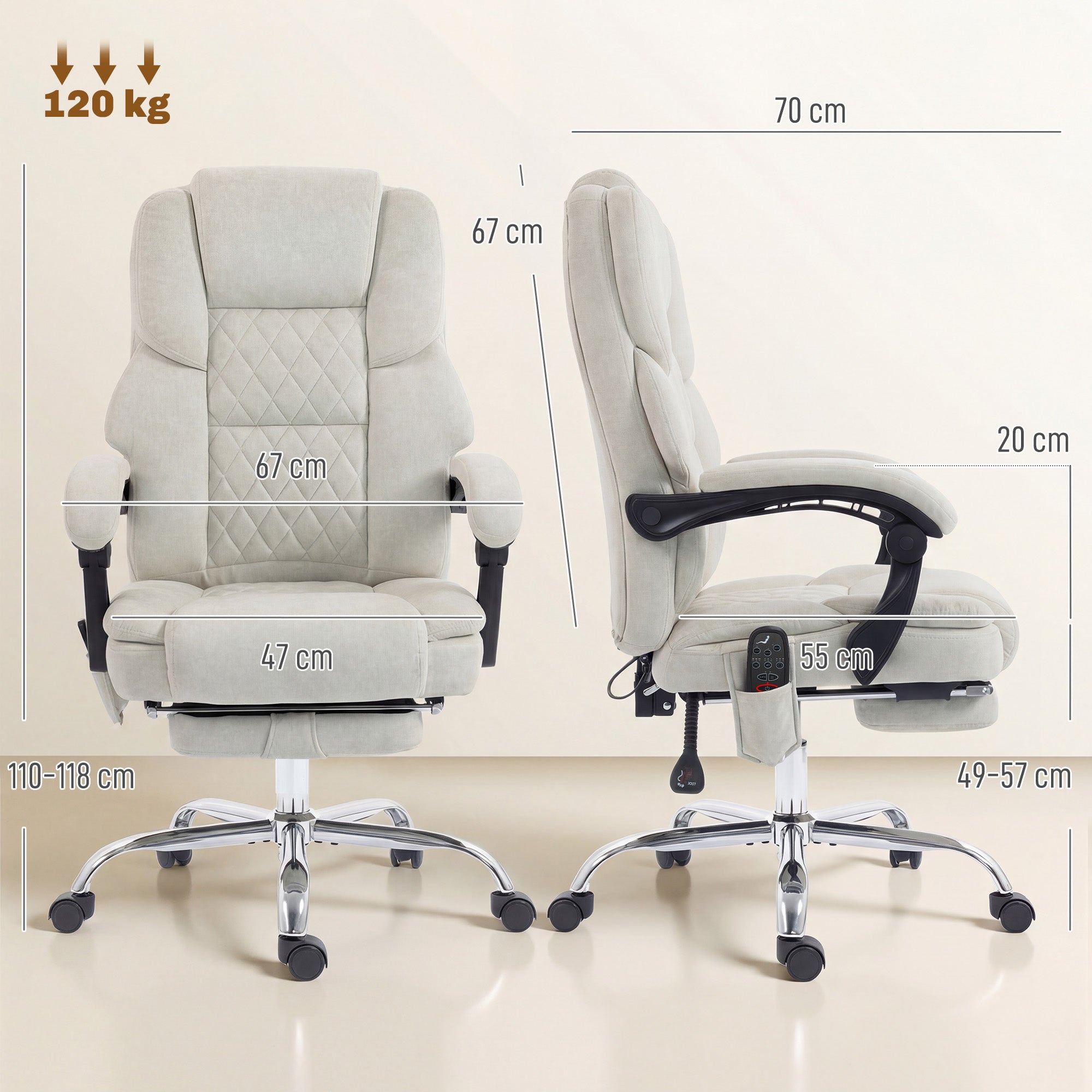 Office Chair with 6-point Vibration Massage and Heat, Velvet-feel Fabric Desk Chair with Footrest, Linkage Armrests, High Back, Adjustable Height, 135° Reclining for Home Office, Cream White