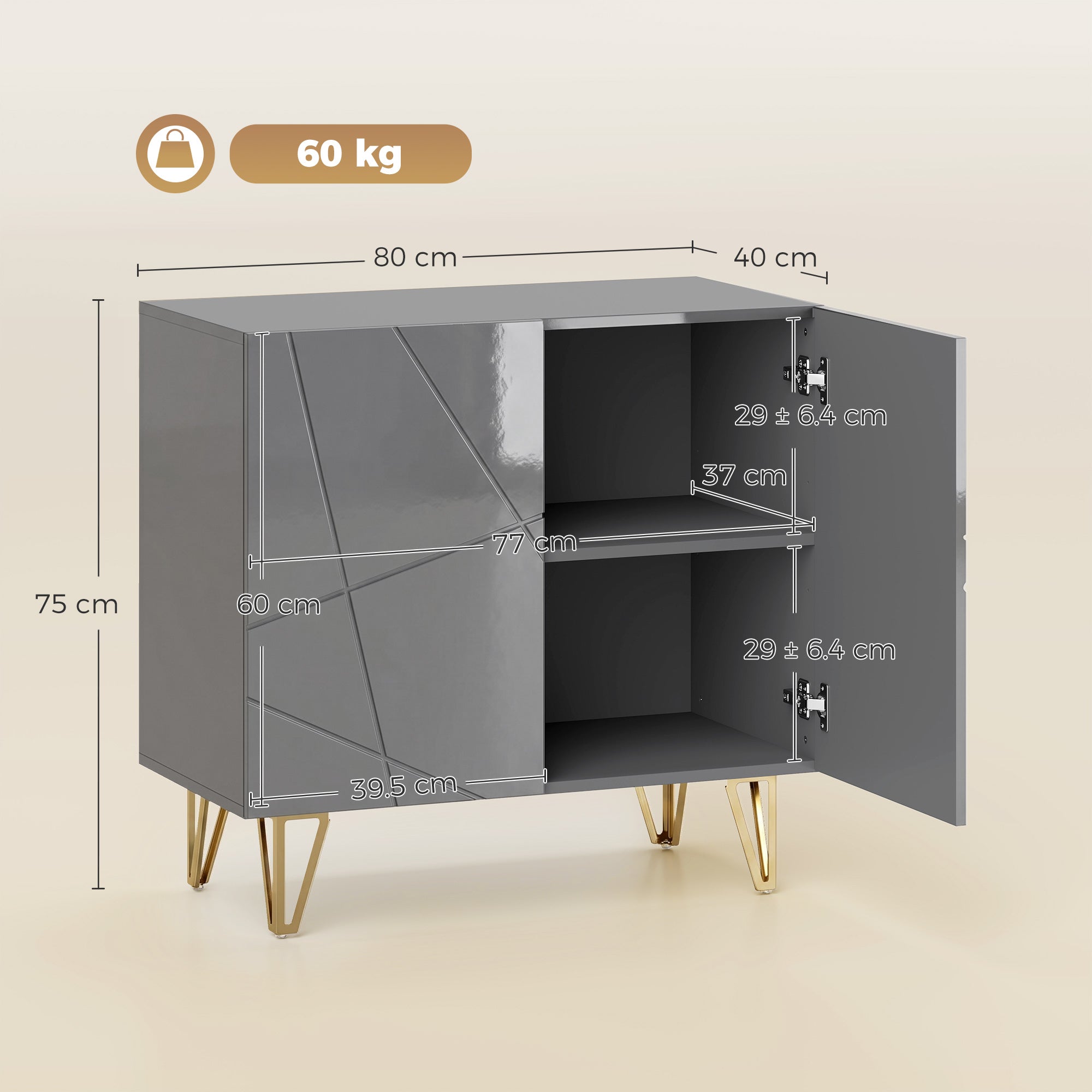 Storage Cabinet with High Gloss, Freestanding Sideboard with Adjustable Shelf, Soft-Close Doors and Gold Tone Hairpin Legs for Living Room, Dining Room, Hallway, Grey