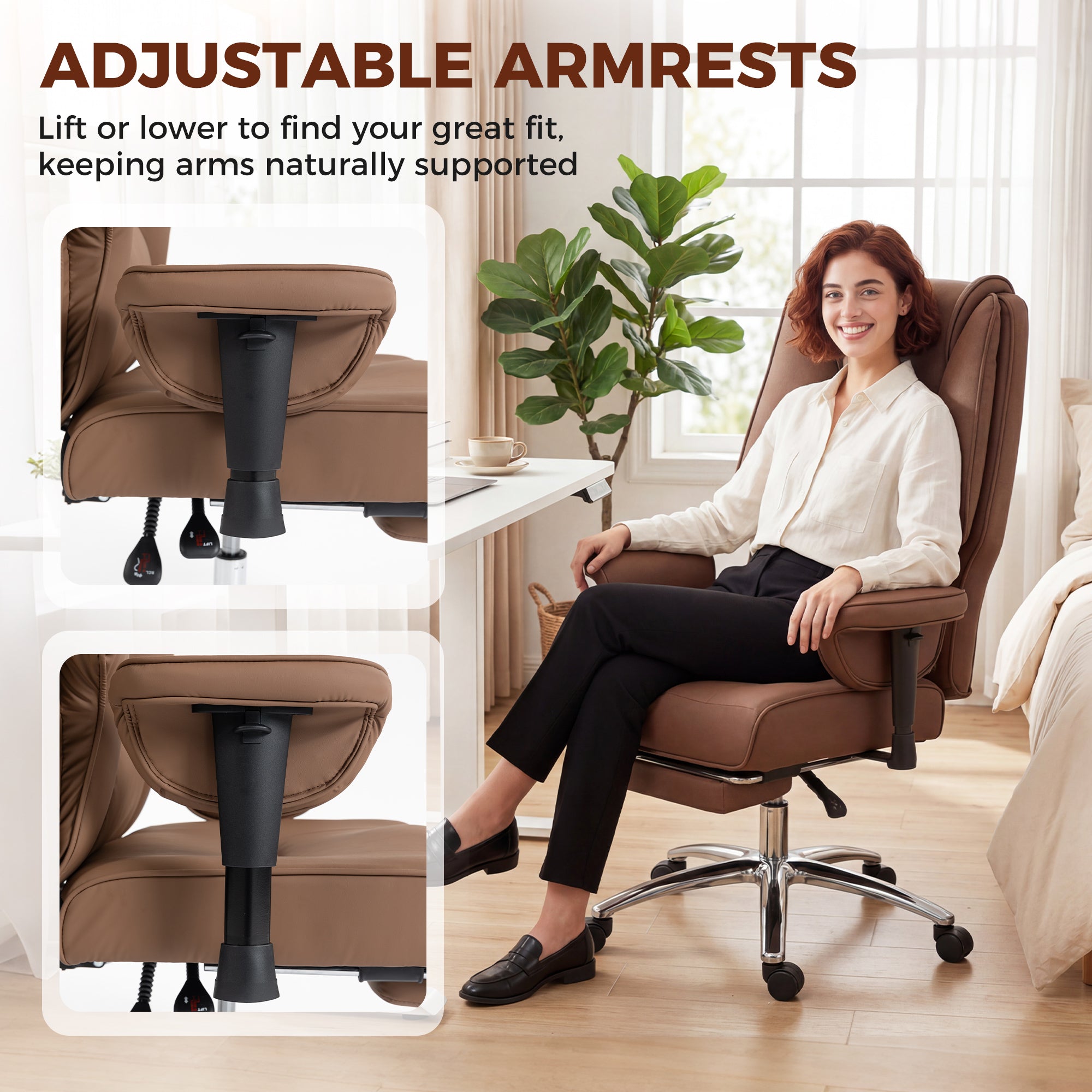 Ergonomic Executive Office Chair with Foot Rest, Reclining Swivel Computer Desk Chair with Adjustable Armrests, Spring Seat, High Back, Thick Cushion, Pet Friendly Faux Leather, Brown