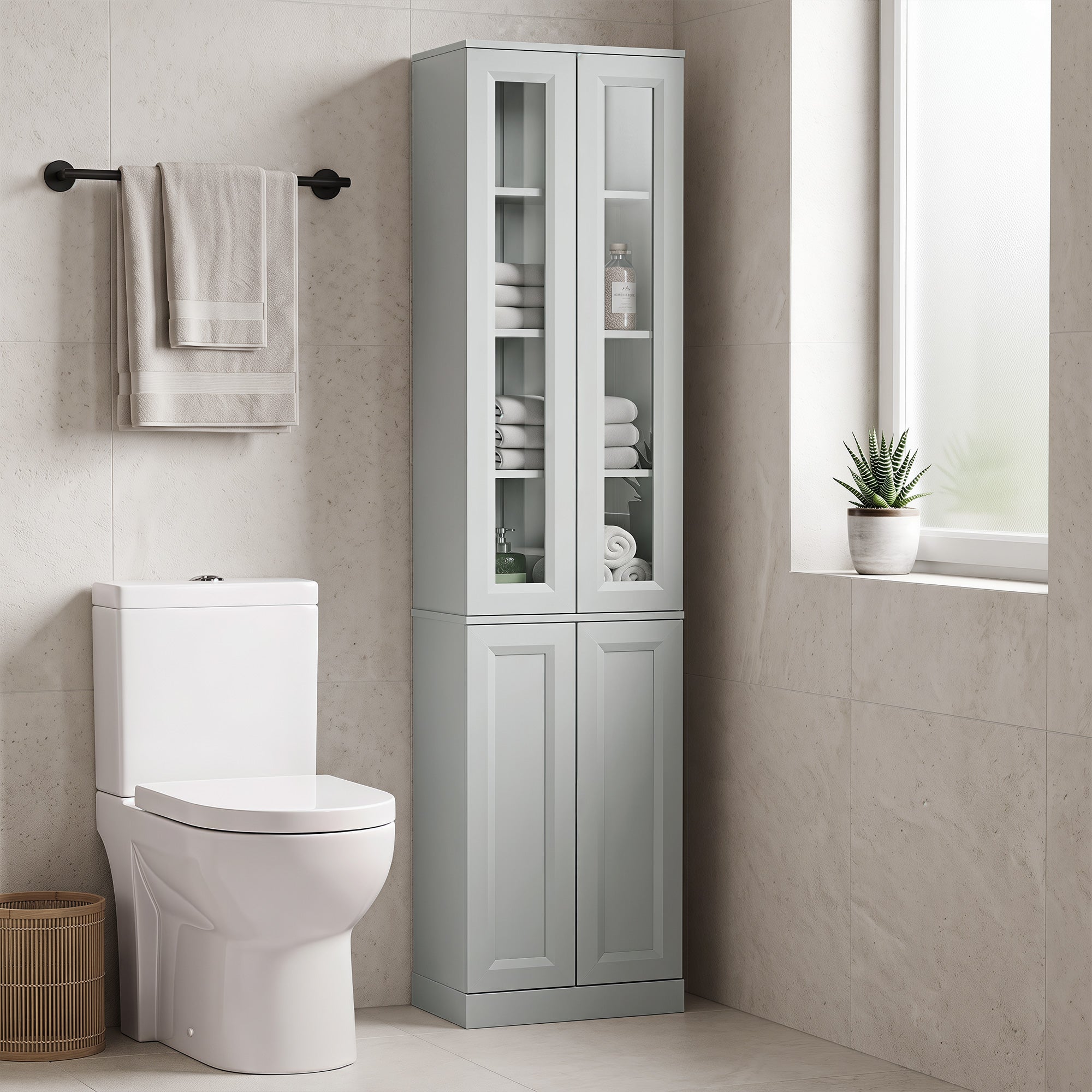 Tall Bathroom Storage Cabinet, 6-Tier Slim Freestanding Bathroom Cabinet with Adjustable Shelf, 4 Soft-Close Doors, Storage Unit for Small Space, 38 x 26 x 160 cm, Dusty Blue