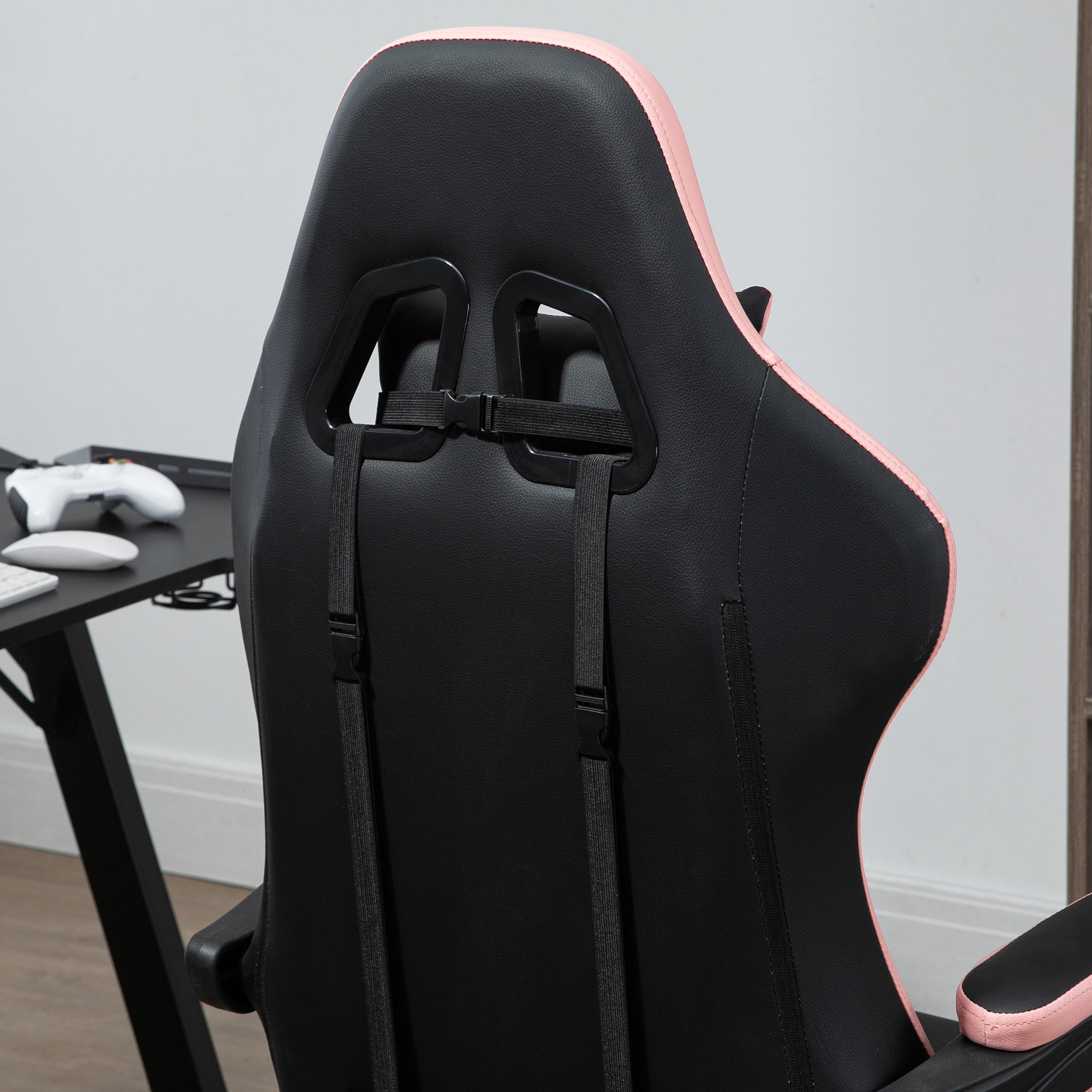 Computer Gaming Chair, PU Leather Office Desk Chair with Footrest, Swivel Wheels, 135° Reclining Back, Lumbar Support, Headrest for Home, Black and Pink