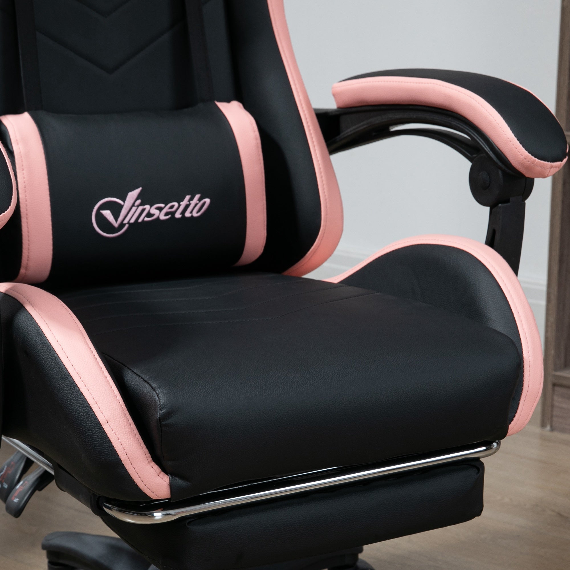 Computer Gaming Chair, PU Leather Office Desk Chair with Footrest, Swivel Wheels, 135° Reclining Back, Lumbar Support, Headrest for Home, Black and Pink