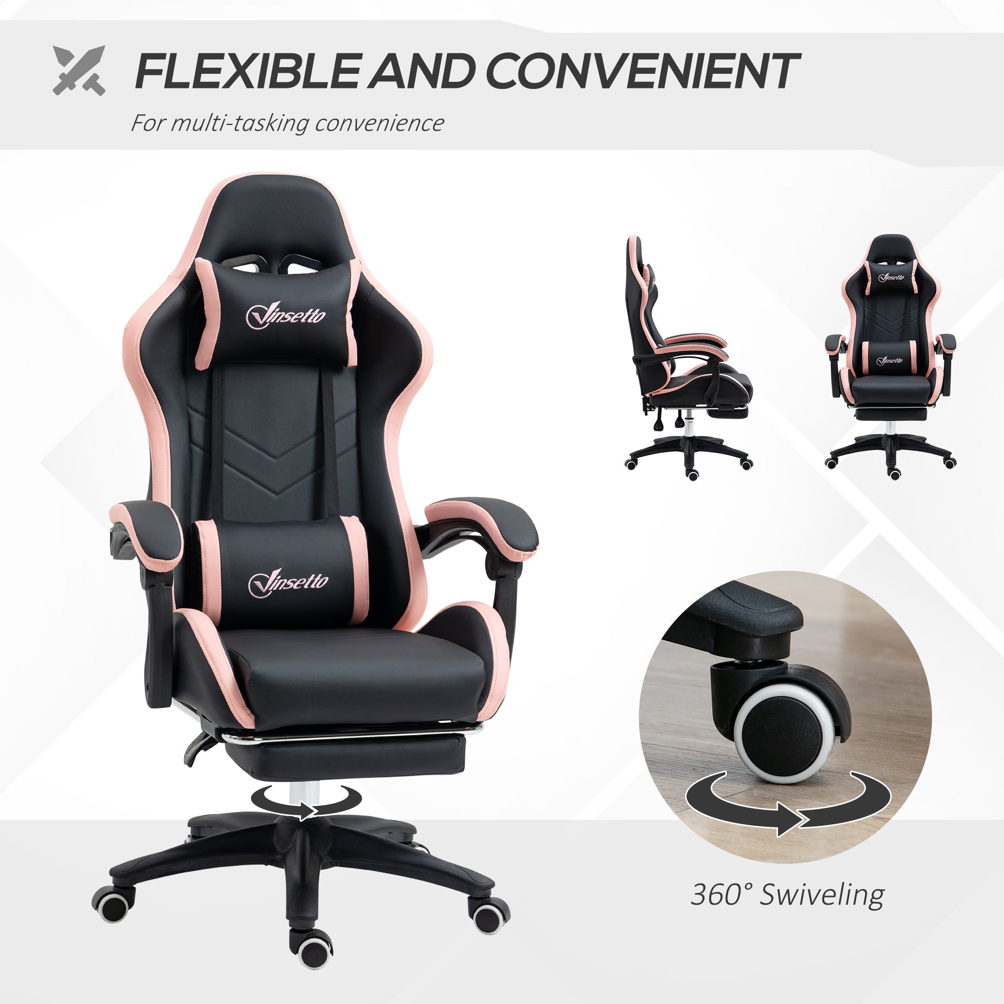 Computer Gaming Chair, PU Leather Office Desk Chair with Footrest, Swivel Wheels, 135° Reclining Back, Lumbar Support, Headrest for Home, Black and Pink
