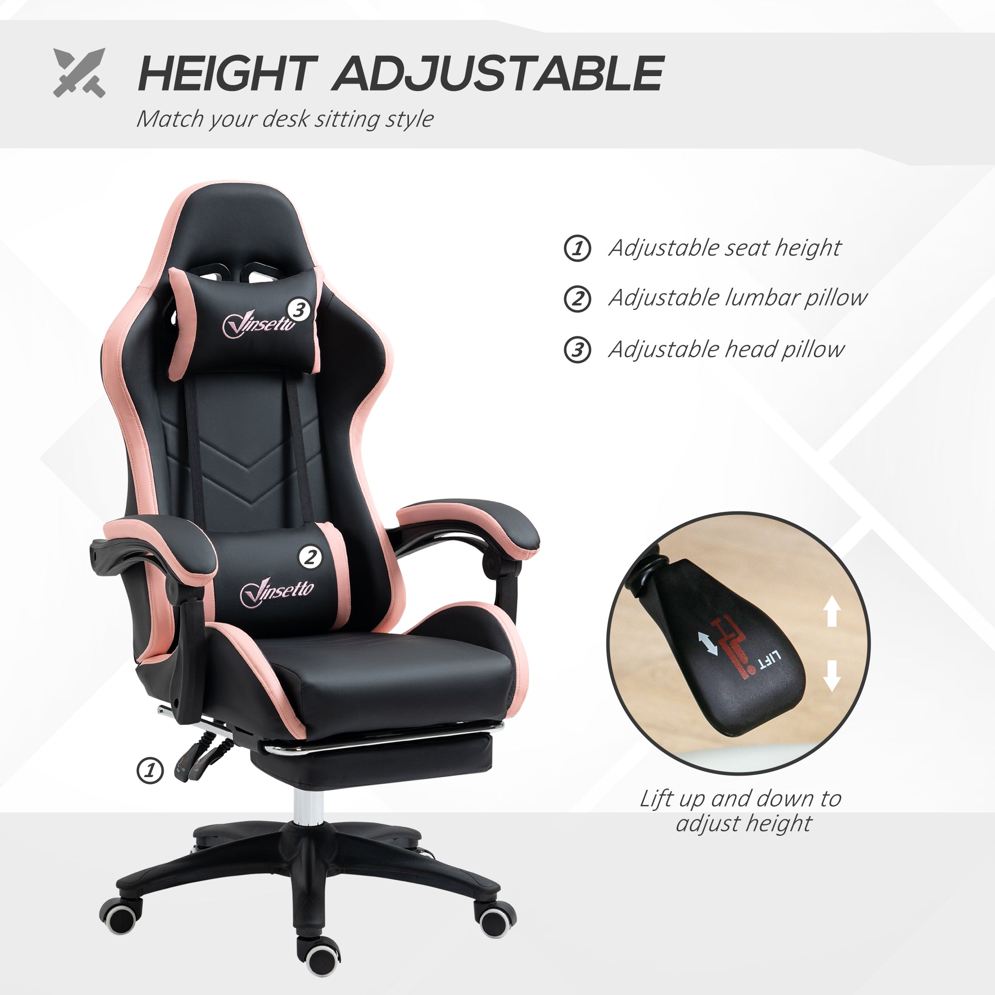 Computer Gaming Chair, PU Leather Office Desk Chair with Footrest, Swivel Wheels, 135° Reclining Back, Lumbar Support, Headrest for Home, Black and Pink
