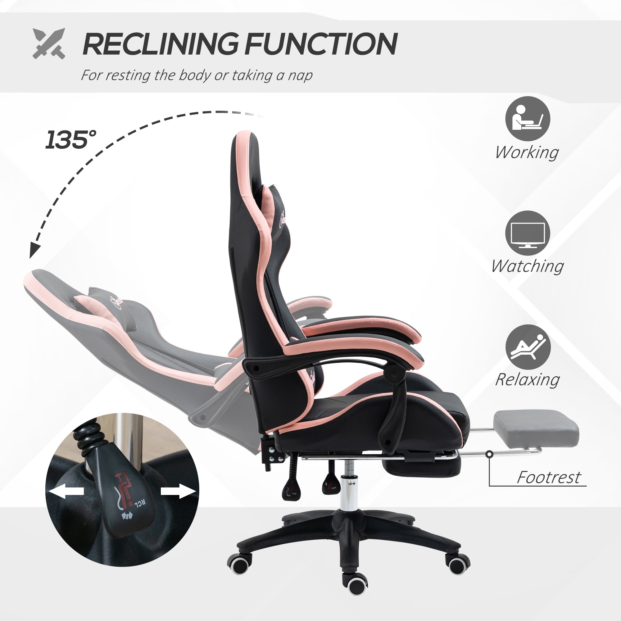 Computer Gaming Chair, PU Leather Office Desk Chair with Footrest, Swivel Wheels, 135° Reclining Back, Lumbar Support, Headrest for Home, Black and Pink