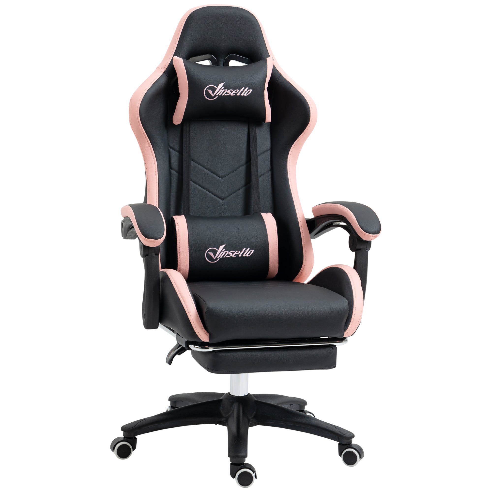 Computer Gaming Chair, PU Leather Office Desk Chair with Footrest, Swivel Wheels, 135° Reclining Back, Lumbar Support, Headrest for Home, Black and Pink