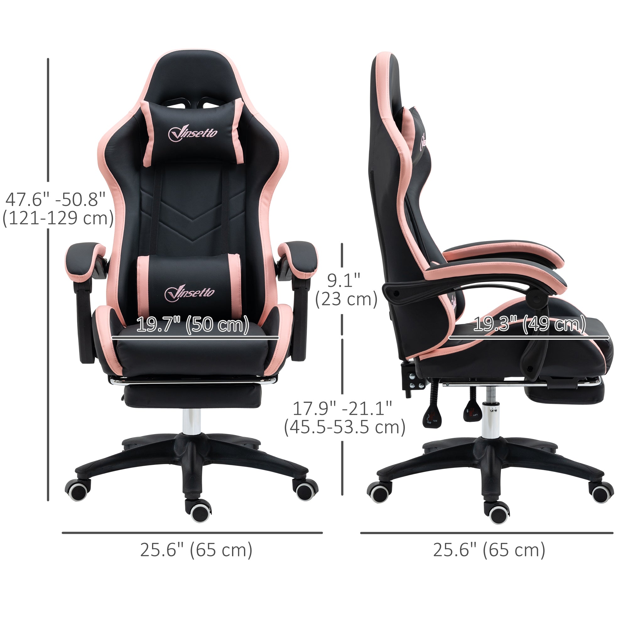 Computer Gaming Chair, PU Leather Office Desk Chair with Footrest, Swivel Wheels, 135° Reclining Back, Lumbar Support, Headrest for Home, Black and Pink