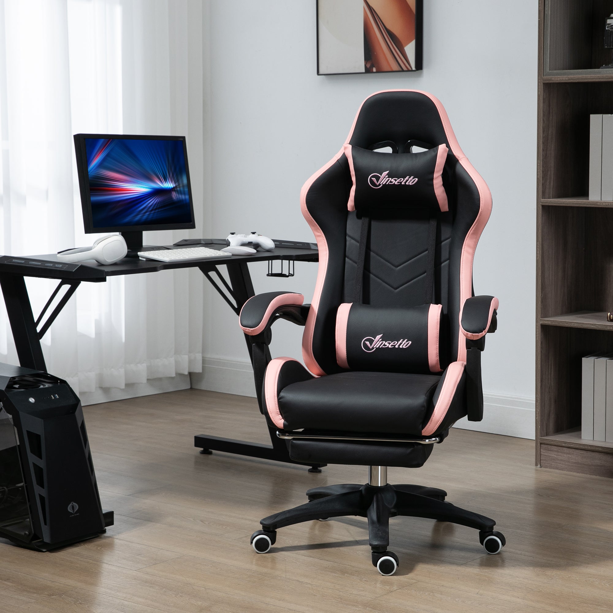 Computer Gaming Chair, PU Leather Office Desk Chair with Footrest, Swivel Wheels, 135° Reclining Back, Lumbar Support, Headrest for Home, Black and Pink