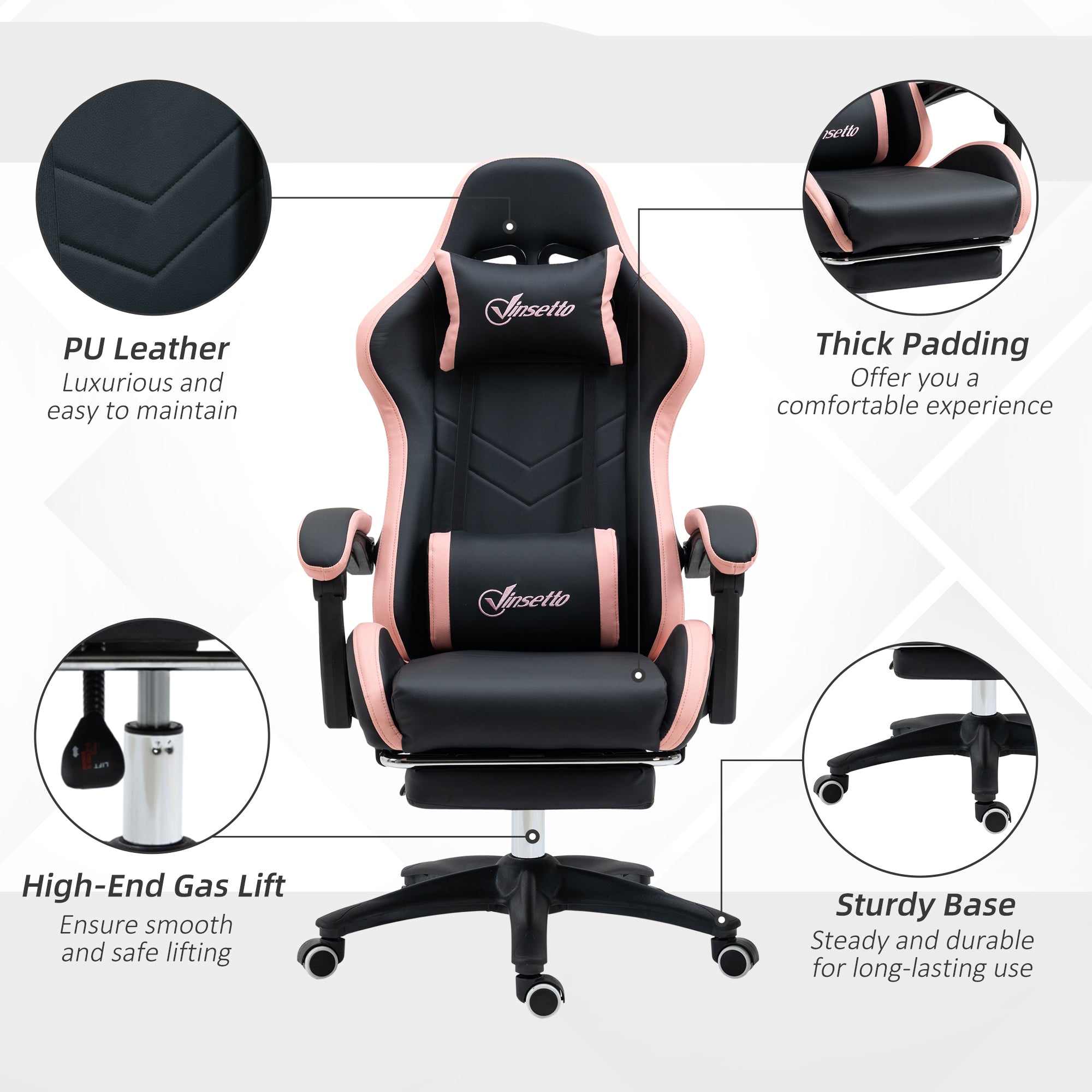 Computer Gaming Chair, PU Leather Office Desk Chair with Footrest, Swivel Wheels, 135° Reclining Back, Lumbar Support, Headrest for Home, Black and Pink