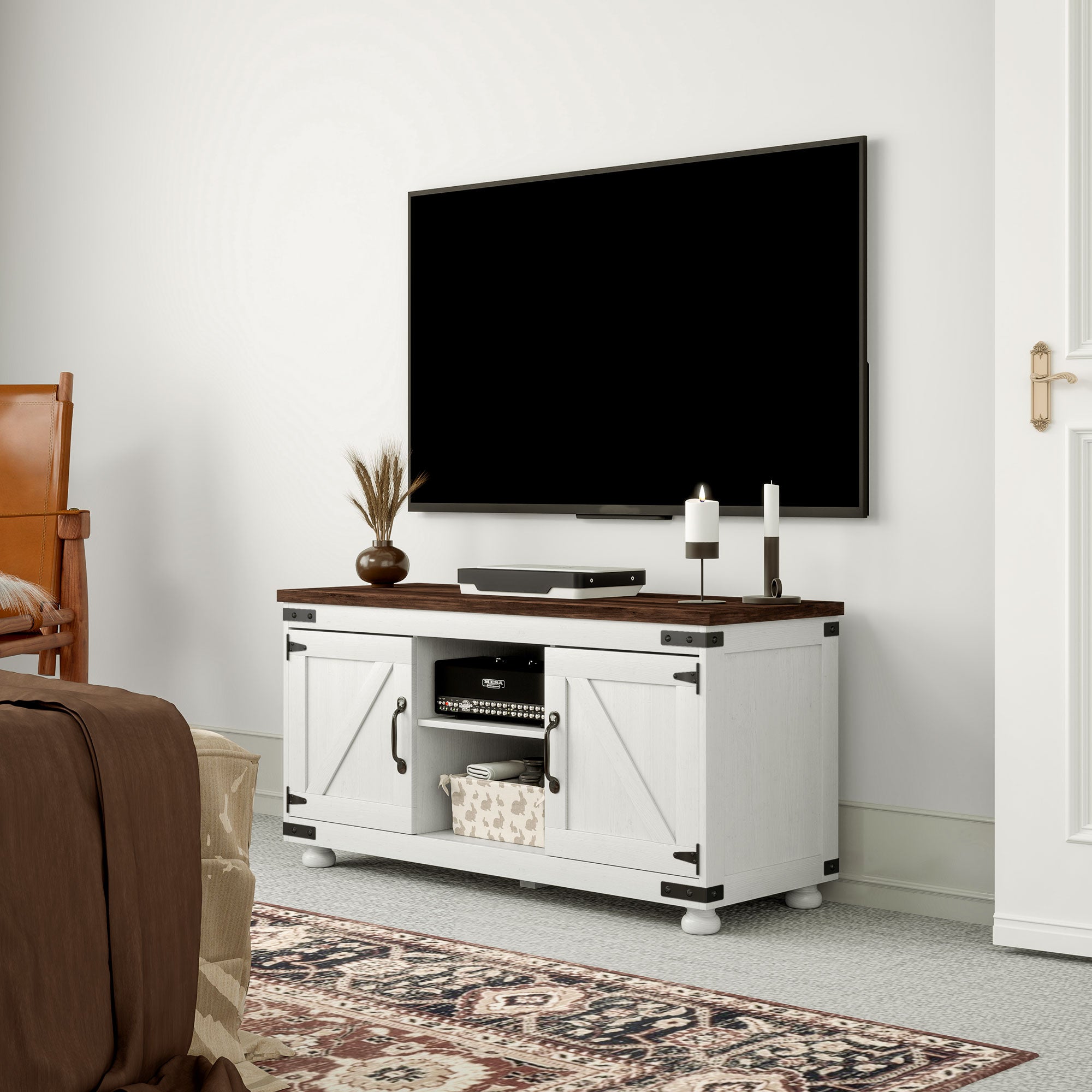 HOMCOM TV Stand for up to 50" TV, Modern Farmhouse Entertainment Center with 2 Cable Holes, TV Console Table with 2 Adjustable Shelves for Living Room, Distressed White