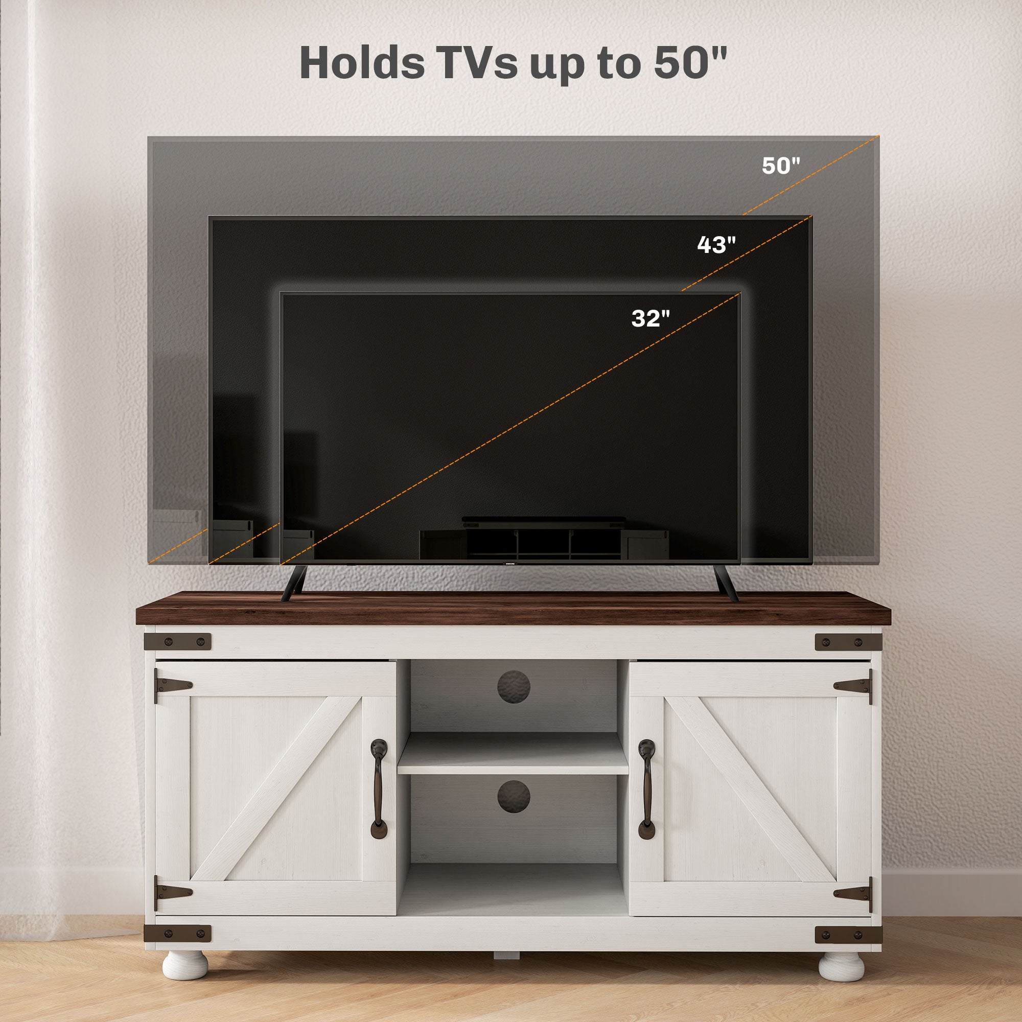 HOMCOM TV Stand for up to 50" TV, Modern Farmhouse Entertainment Center with 2 Cable Holes, TV Console Table with 2 Adjustable Shelves for Living Room, Distressed White